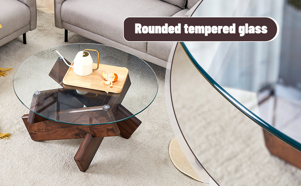 [variant:W3806P404749] Round Glass Coffee Table with Walnut-Finish Base – 33.4-Inch image 16