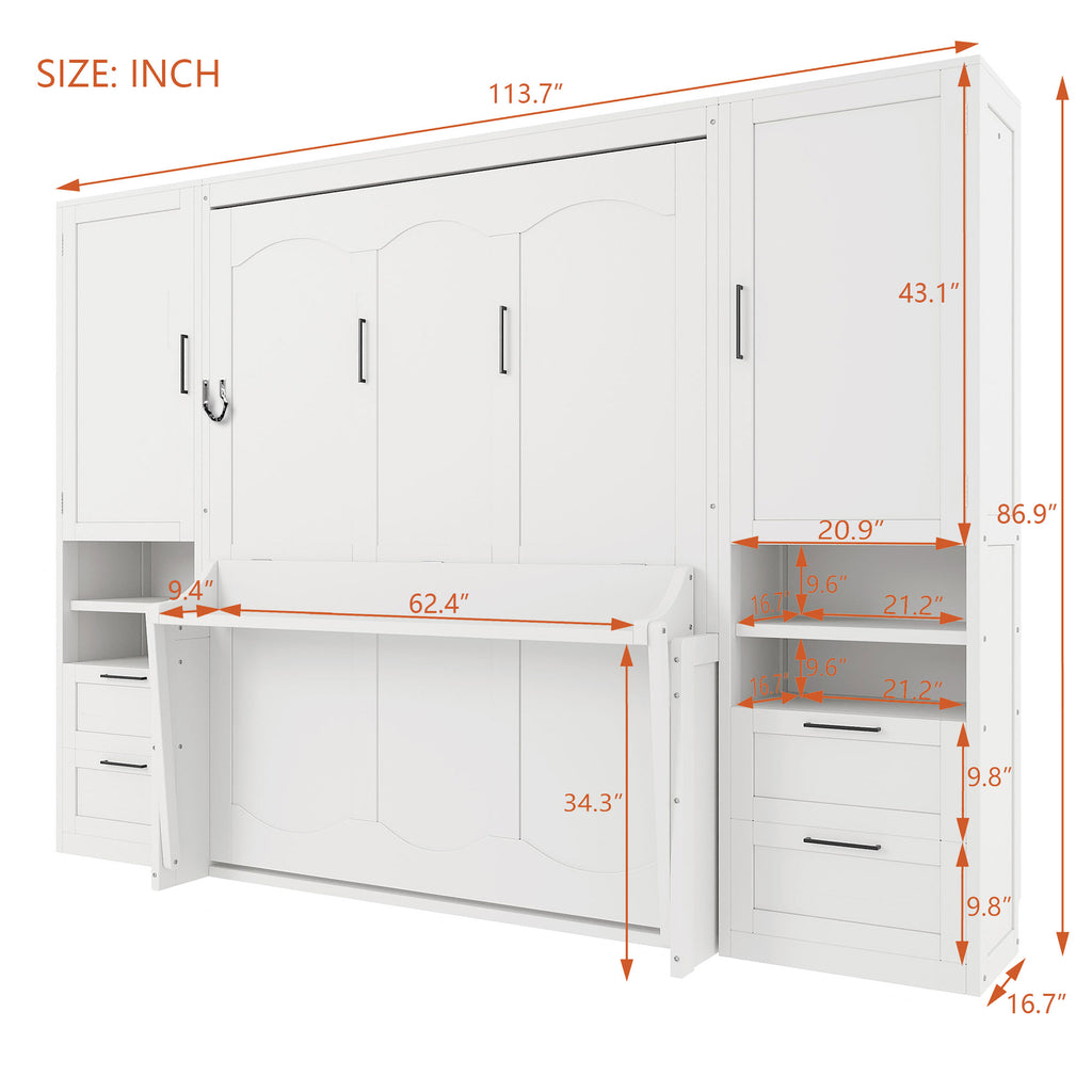[variant:N850S00010K-2] Queen Murphy Bed with Closet, Drawers and Shelves – White image 6