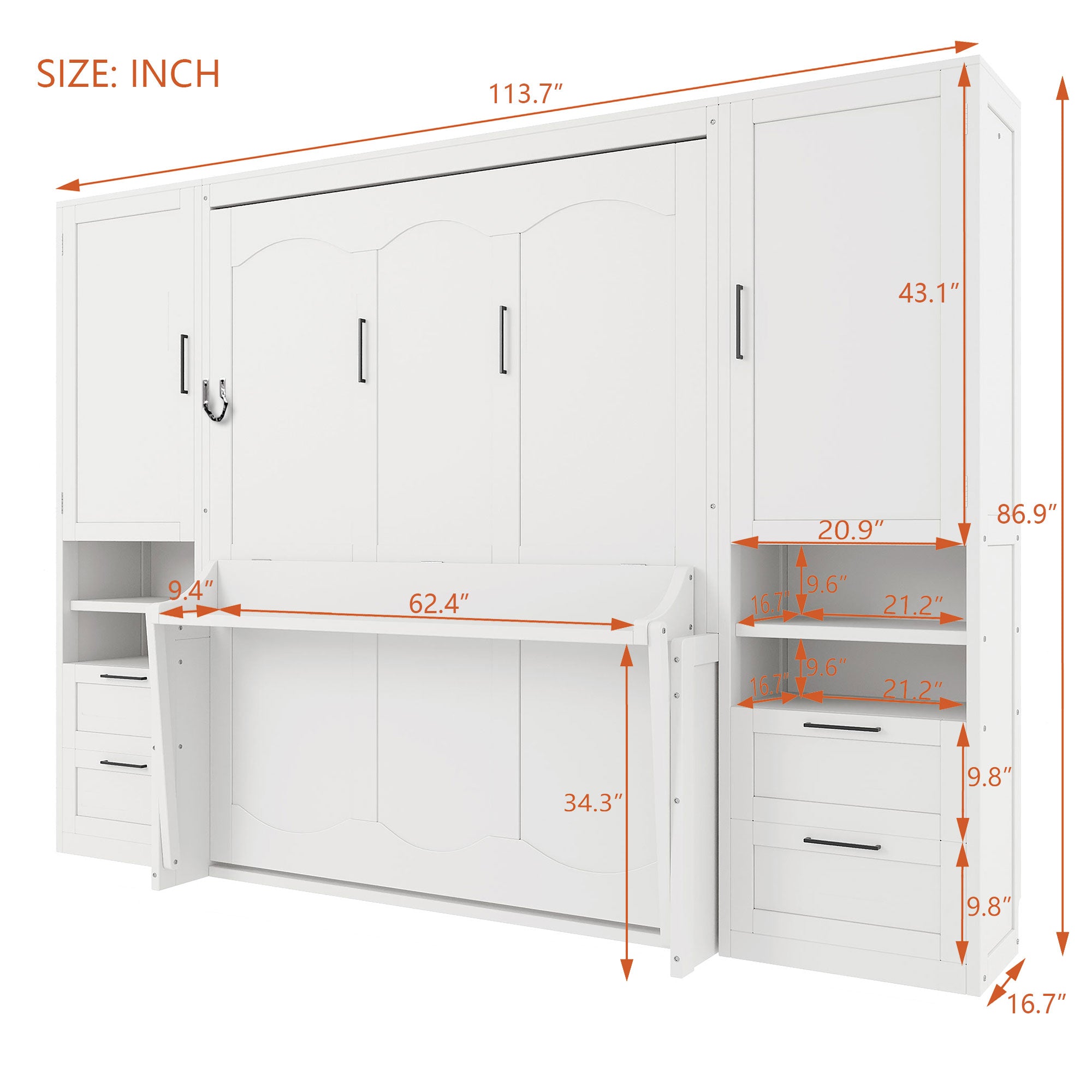 [variant:N850S00010K-2] Queen Murphy Bed with Closet, Drawers and Shelves – White image 6