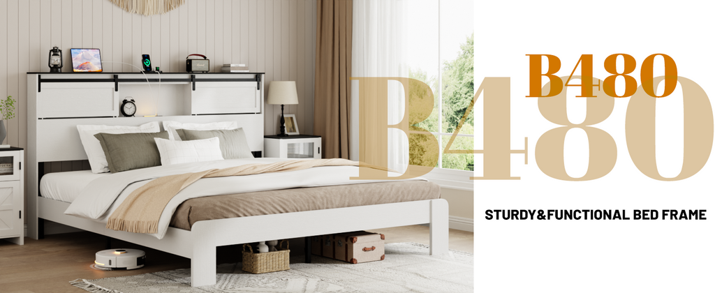 [variant:W5658P486955] Queen Farmhouse Platform Bed with Bookcase Headboard & Charging Station image 3