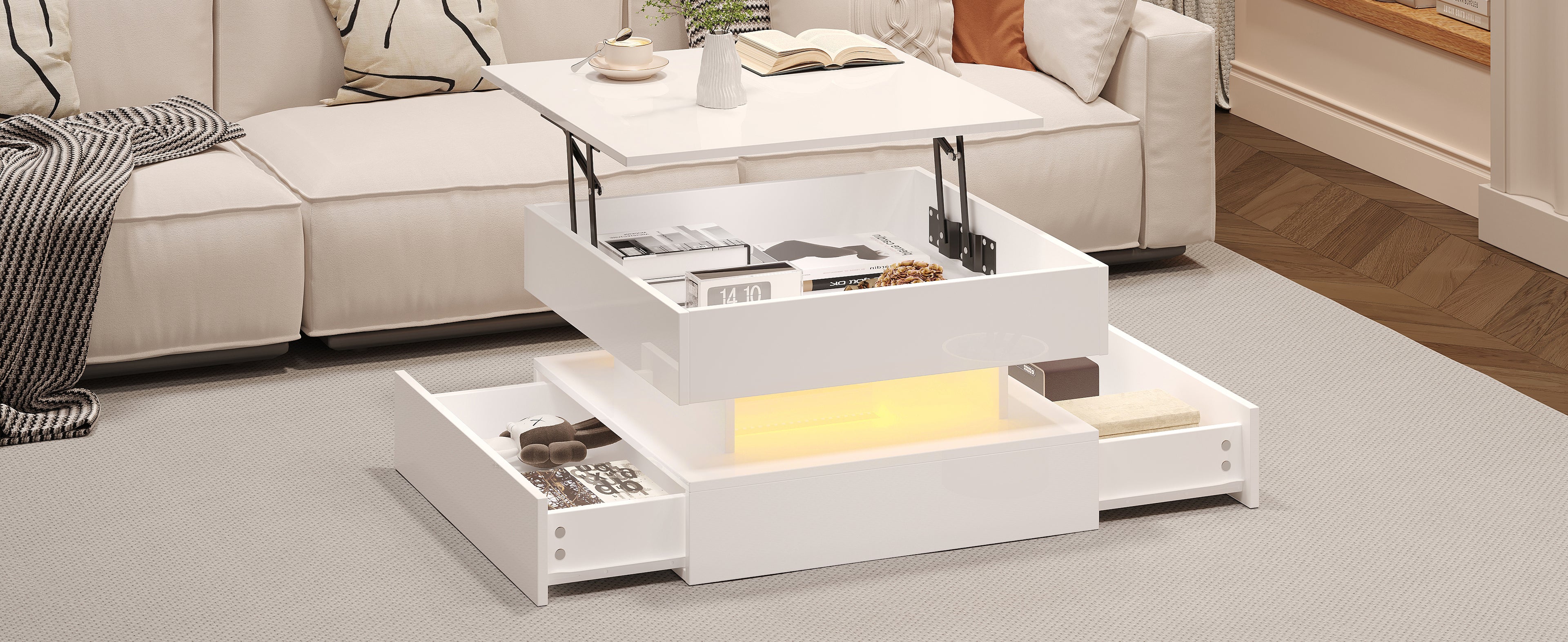 [variant:N892P407973W] White Lift-Top LED Coffee Table with 2 Drawers image 8