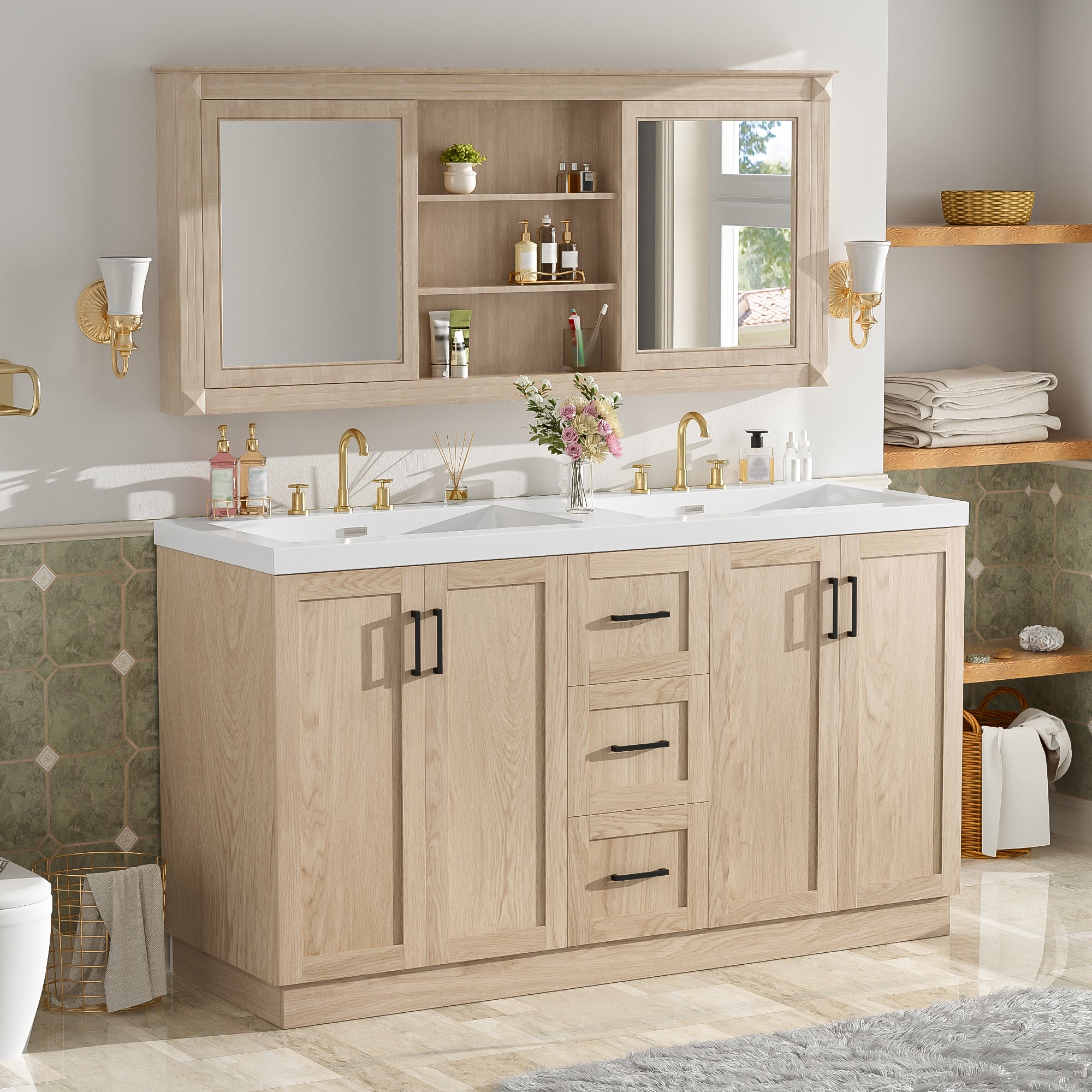 [variant:N848P000035N] Double-Sink Bathroom Vanity with Storage – 59-Inch image 12