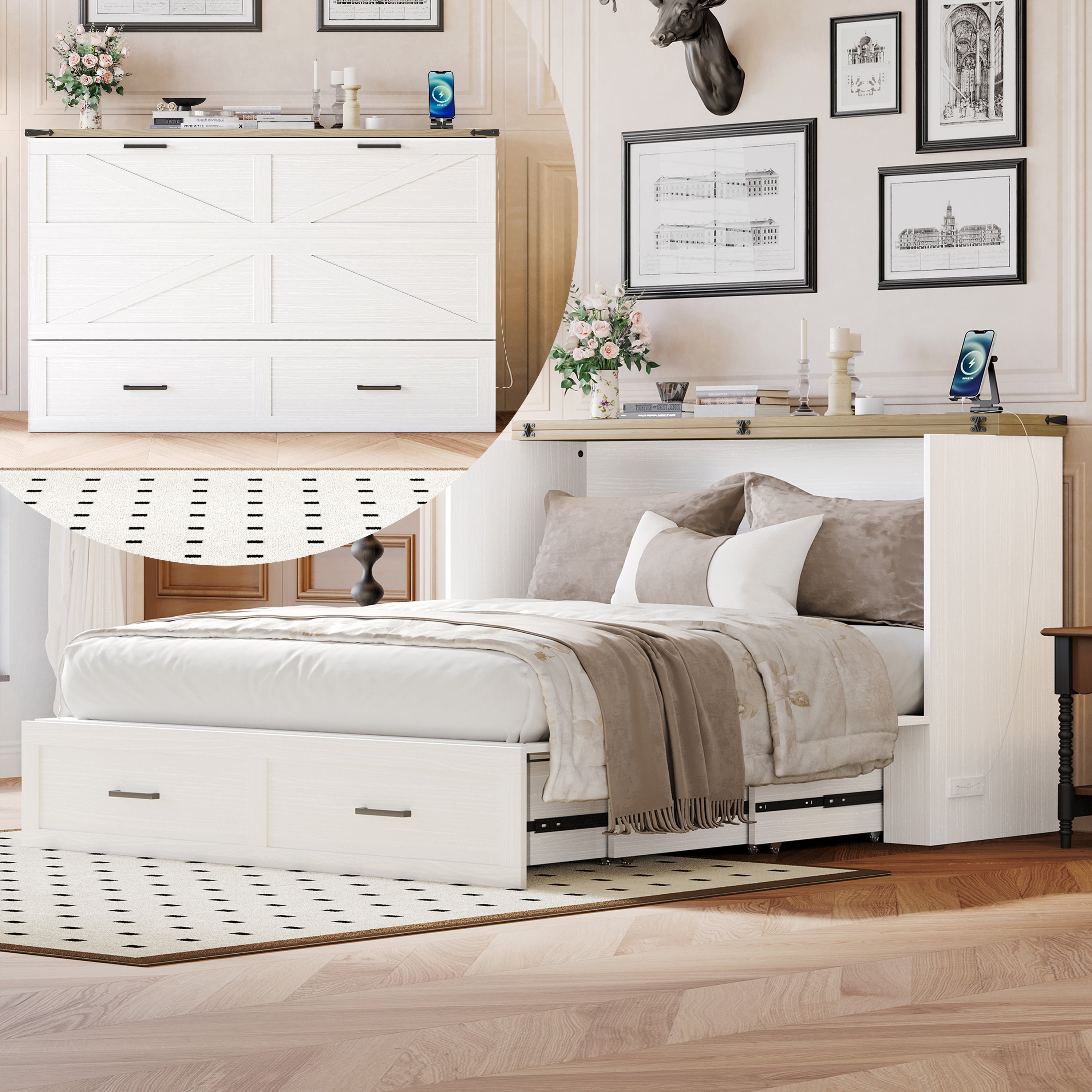 [variant:N854S421056W] Queen Murphy Cabinet Bed with Storage & Charging Station – White image 1