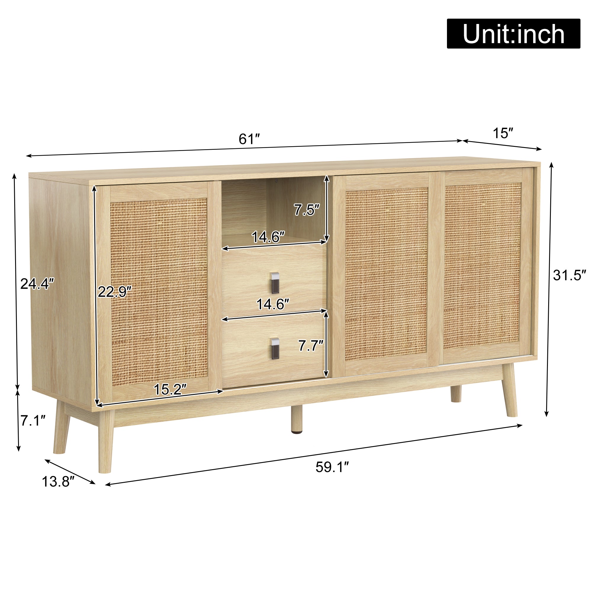 Rattan 3-Door Sideboard with 2 Drawers — [variant:GA0004O] Wood – GA0004O image 5