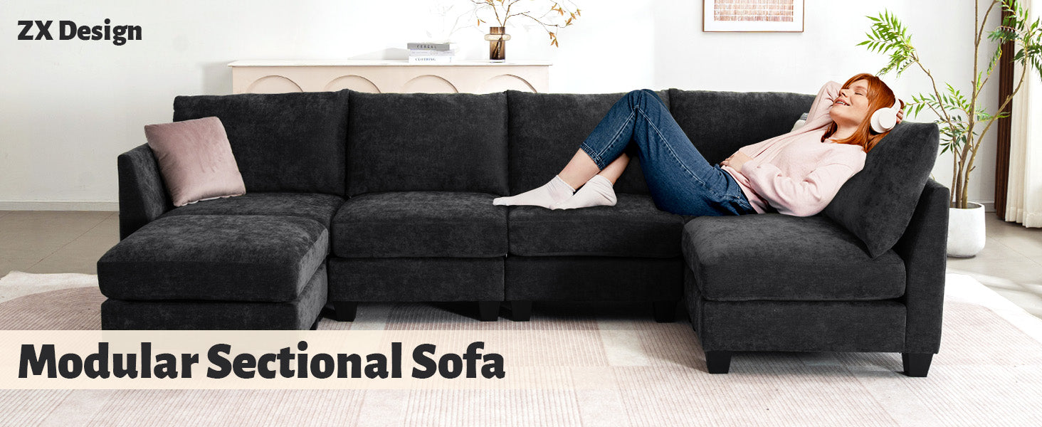 [variant:W3885S00029] 6-Seater U-Shaped Modular Sofa with Storage Ottoman & USB Ports image 4