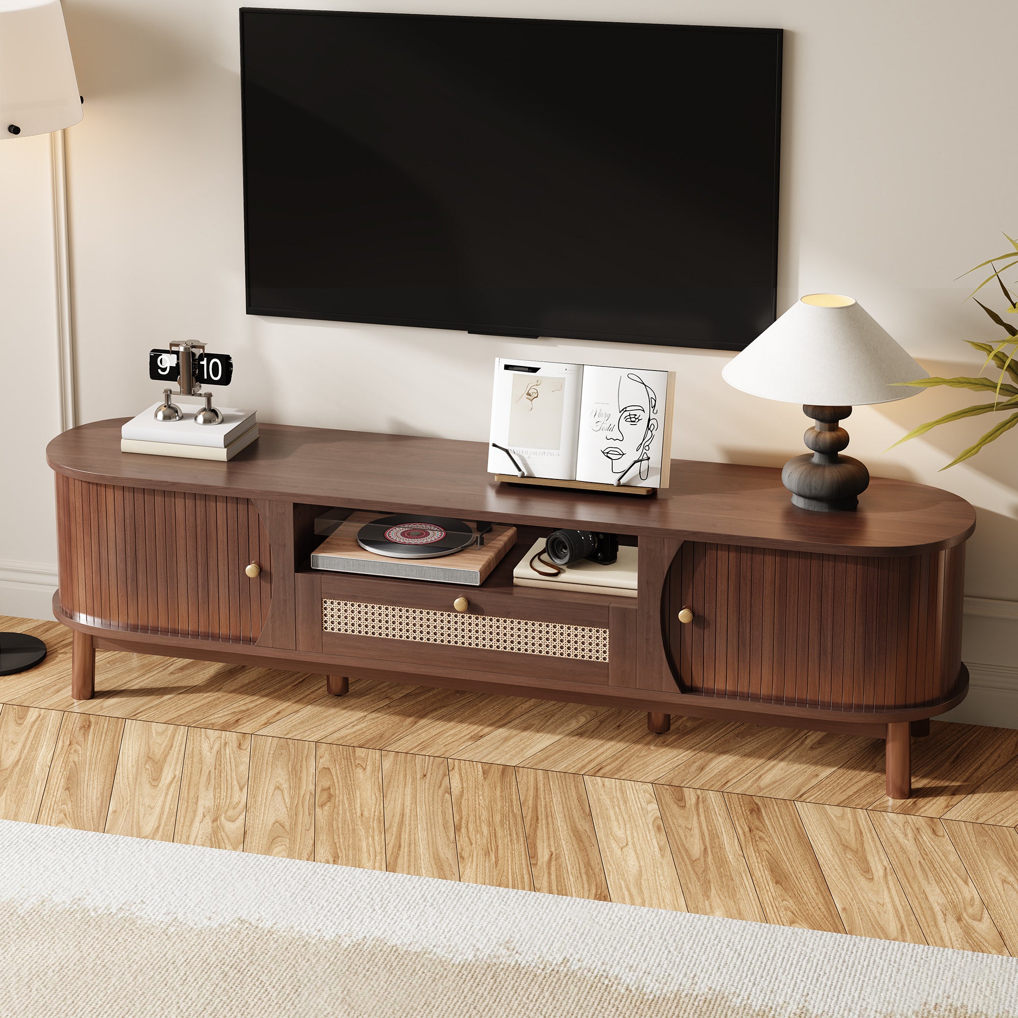 [variant:N875P278398N] Rattan TV Stand with Sliding Door – 65-Inch image 3