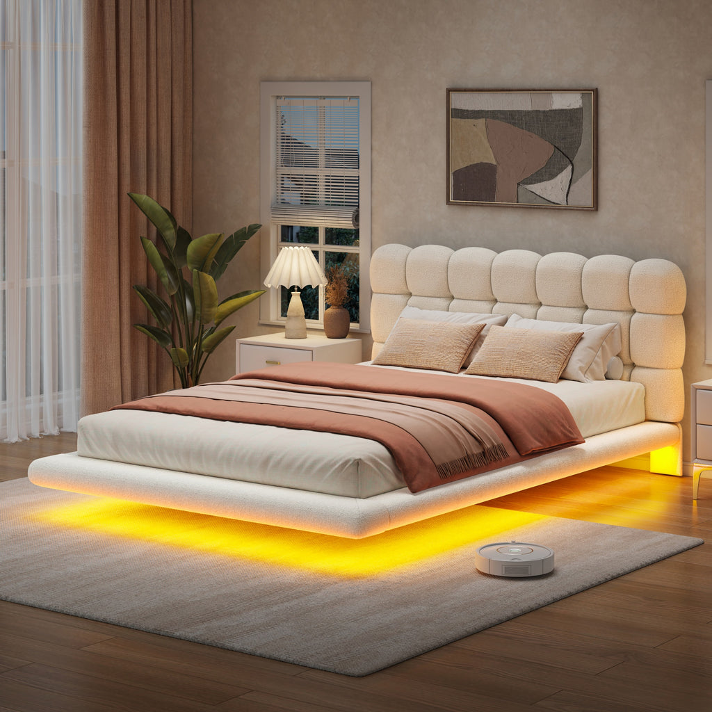 [variant:HS451577AAK] Queen LED Floating Bouclé Platform Bed – Cream White image 3