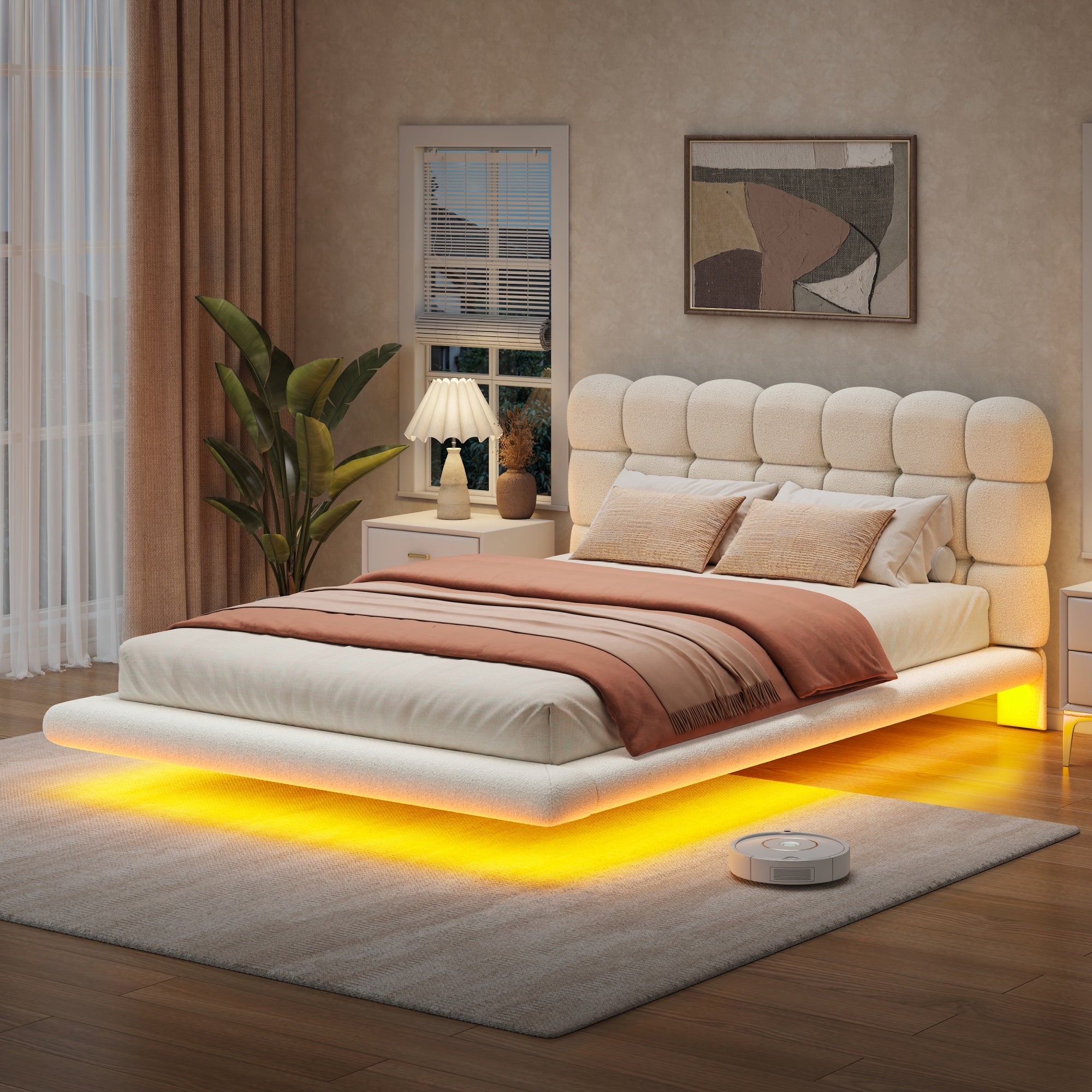 [variant:HS451577AAK] Queen LED Floating Bouclé Platform Bed – Cream White image 3