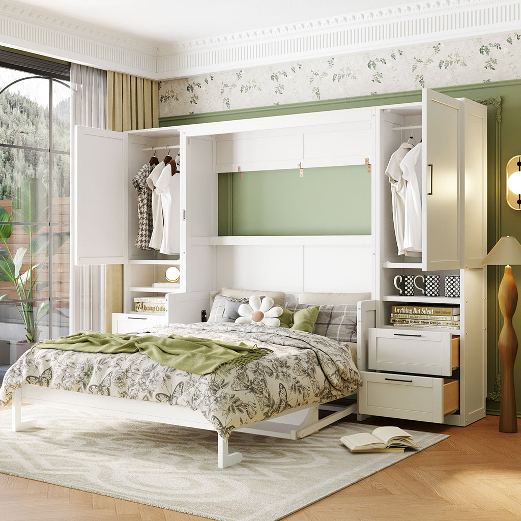 [variant:N850S00010K-2] Queen Murphy Bed with Closet, Drawers and Shelves – White image 1