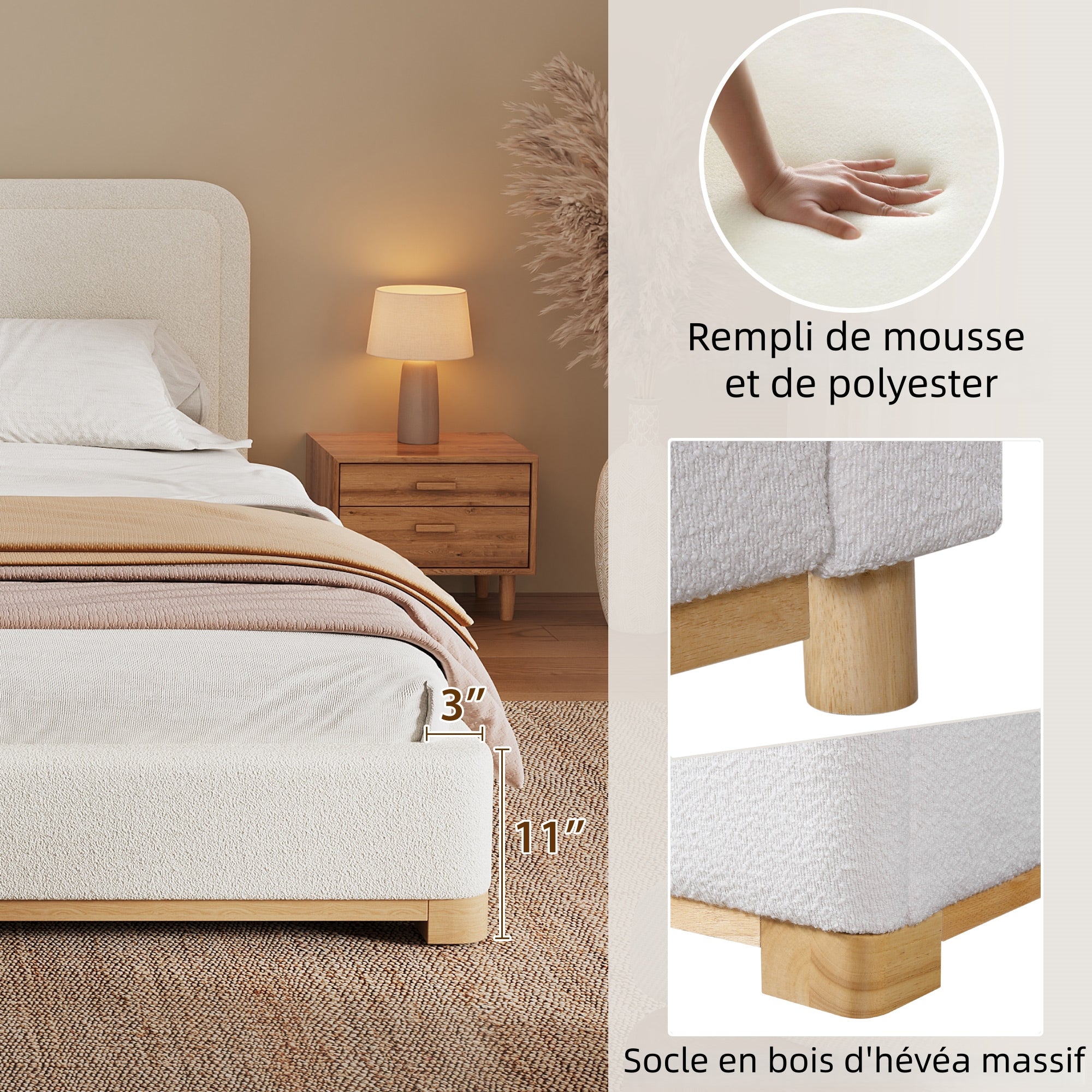 [variant:N859K000012W] King Bouclé Platform Bed with Curved Headboard – White image 7