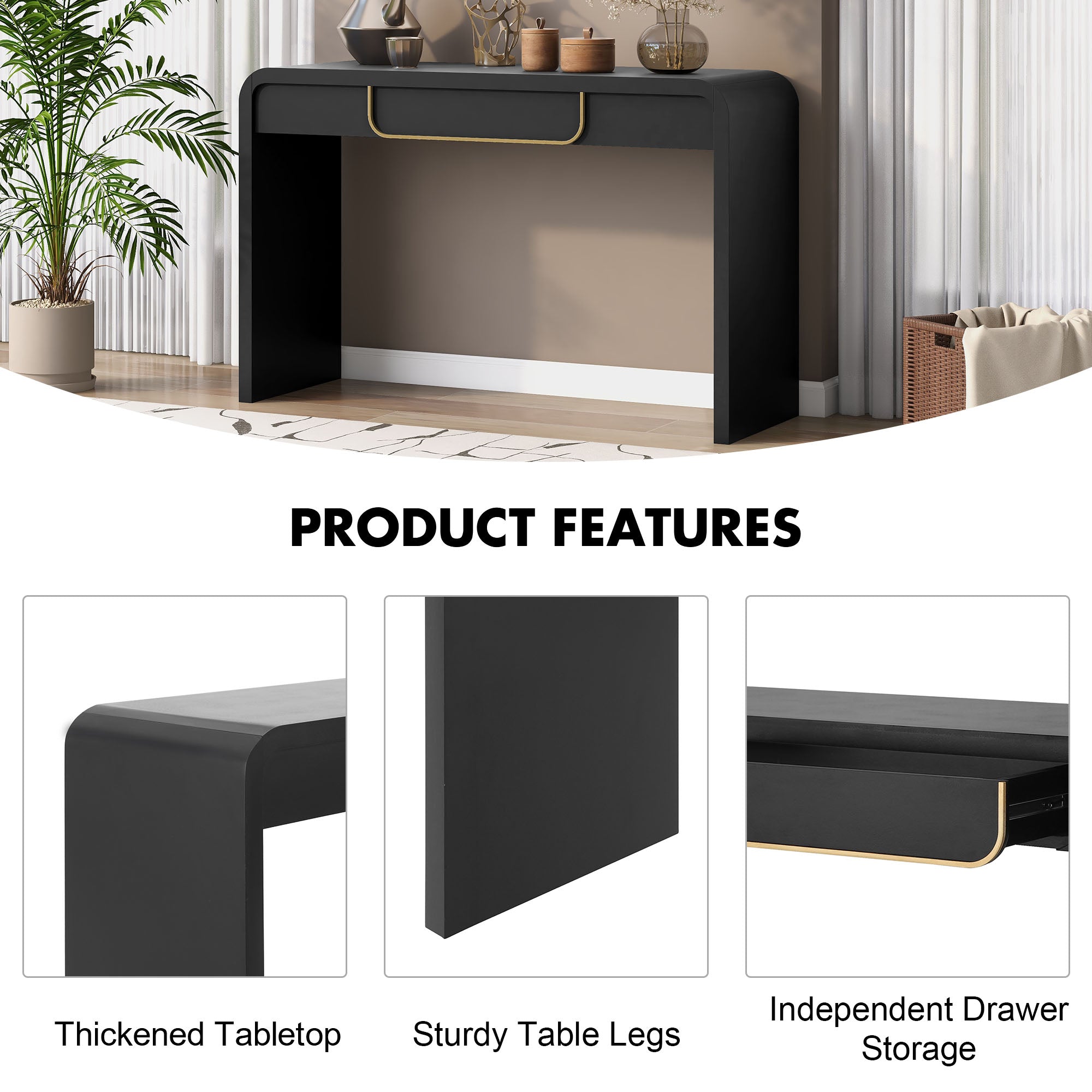 [variant:N876P351912B] Black Console Table with Drawer & Storage Shelf image 3