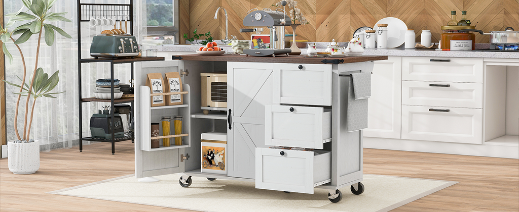 [variant:N853P379579W] Farmhouse Rolling Kitchen Island with Drop Leaf – White, 54.5-Inch image 18