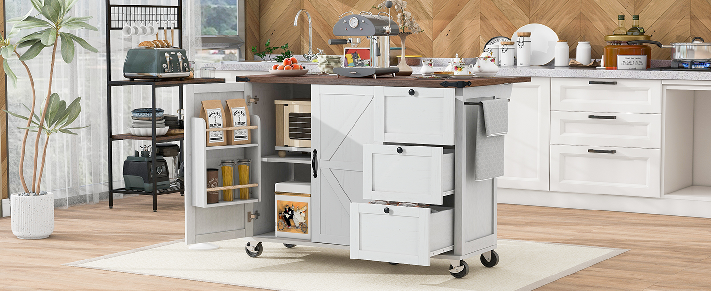 [variant:N853P379579W] Farmhouse Rolling Kitchen Island with Drop Leaf – White, 54.5-Inch image 18