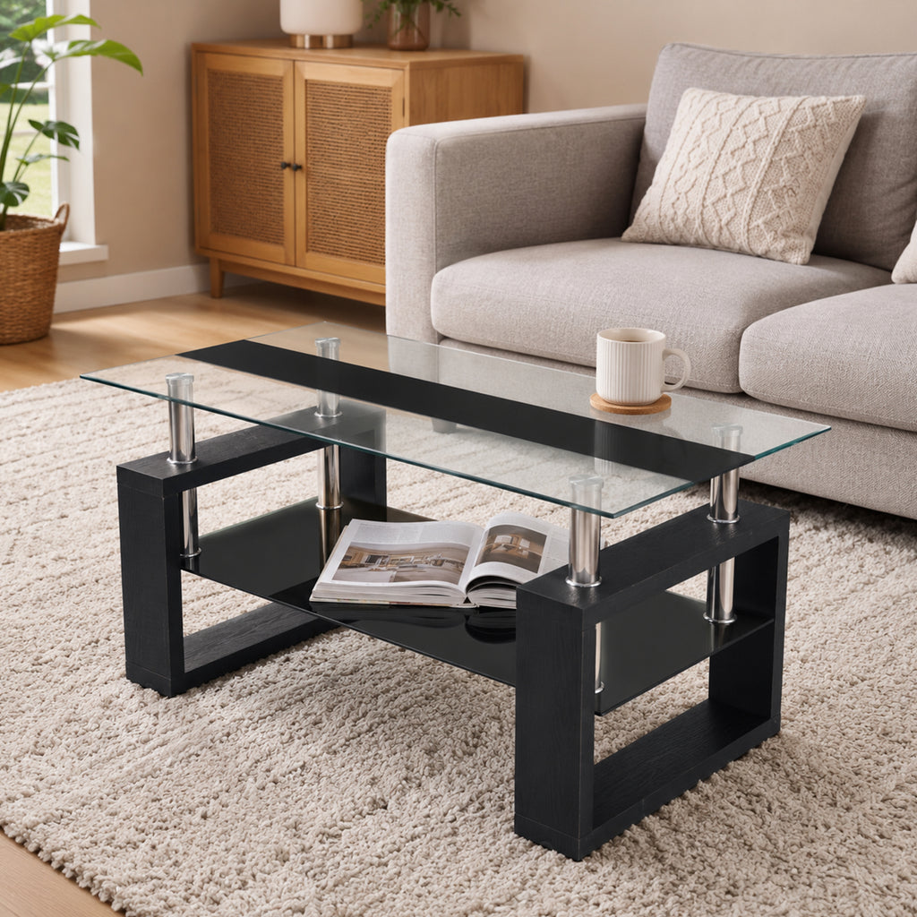 [variant:W3738P499155] 2-Tier Rectangular Tempered Glass Coffee Table – Black image 1