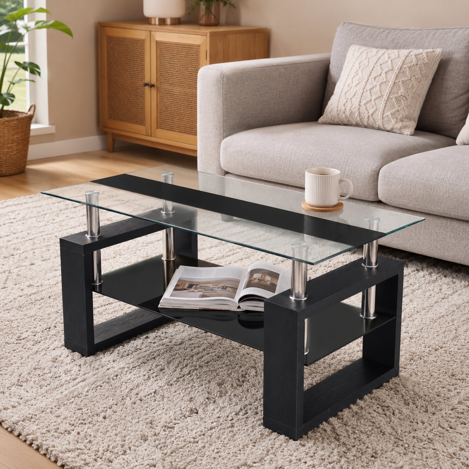 [variant:W3738P499155] 2-Tier Rectangular Tempered Glass Coffee Table – Black image 1