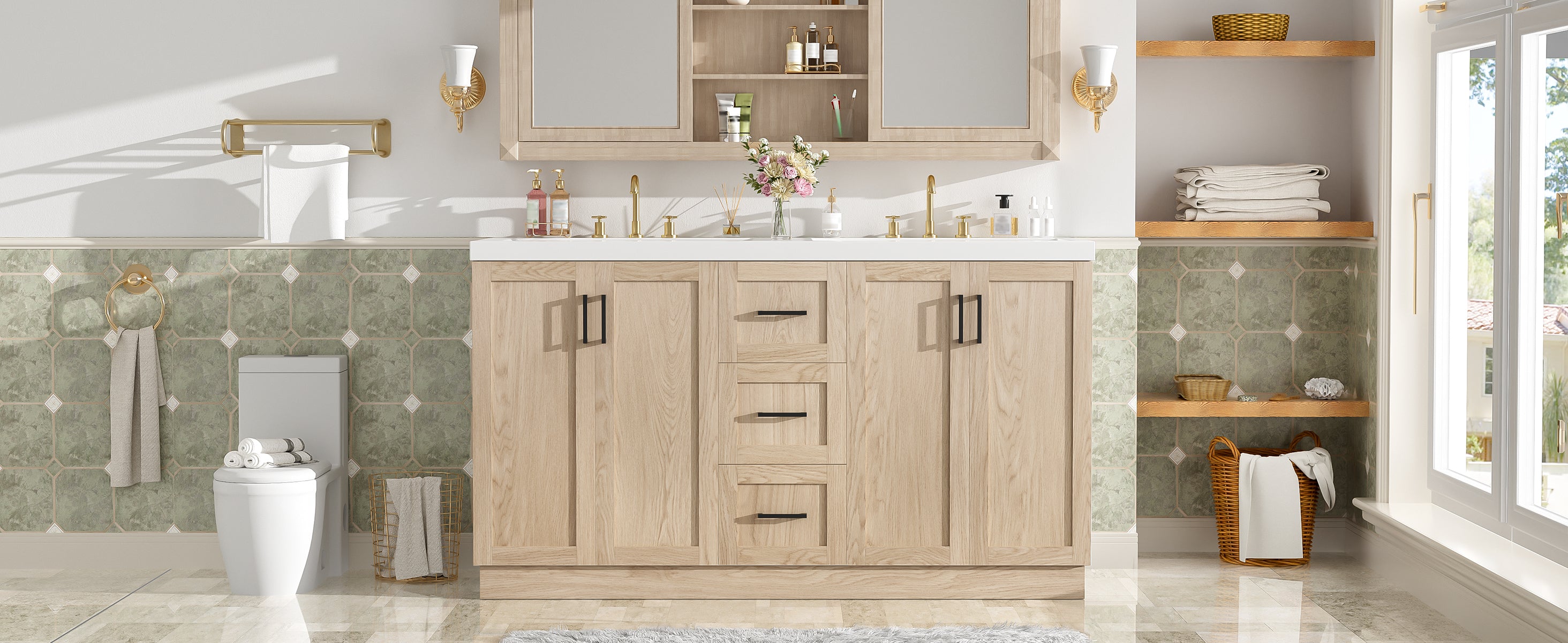 [variant:N848P000035N] Double-Sink Bathroom Vanity with Storage – 59-Inch image 35
