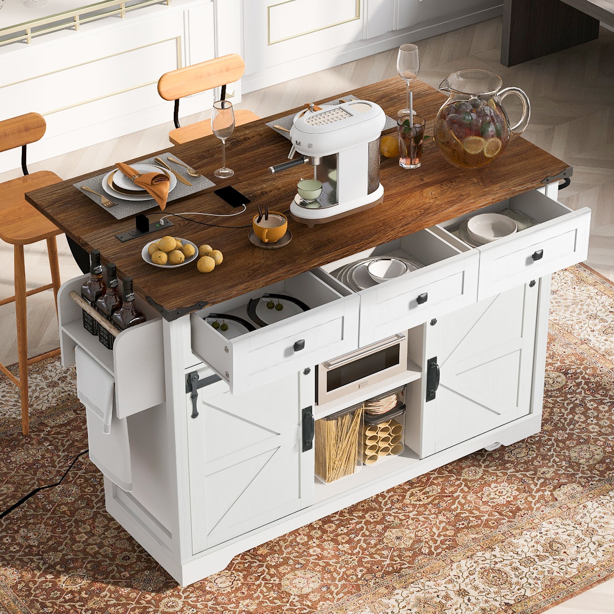 [variant:N853S379573W] Farmhouse Kitchen Island with Drop Leaf, Power Outlet and Sliding Barn Doors – 53.75-Inch image 23