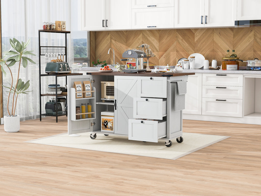 [variant:N853P379579W] Farmhouse Rolling Kitchen Island with Drop Leaf – White, 54.5-Inch image 14