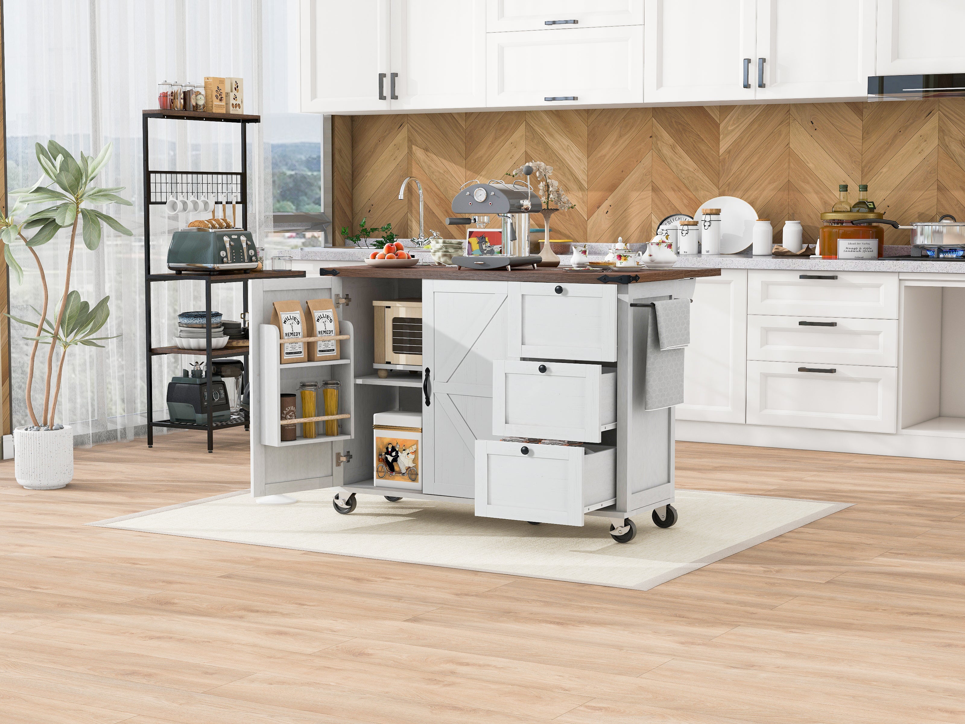 [variant:N853P379579W] Farmhouse Rolling Kitchen Island with Drop Leaf – White, 54.5-Inch image 14