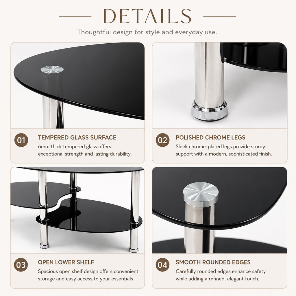 2-Tier Oval Tempered Glass Coffee Table — [variant:W3738P499153] Black image 5