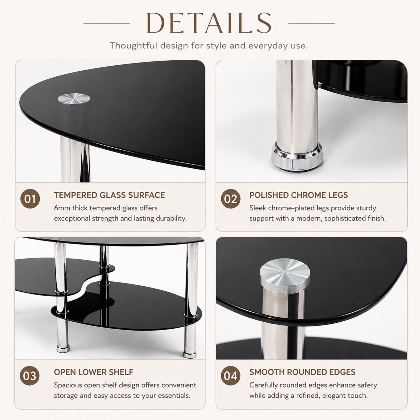 2-Tier Oval Tempered Glass Coffee Table — [variant:W3738P499153] Black image 5