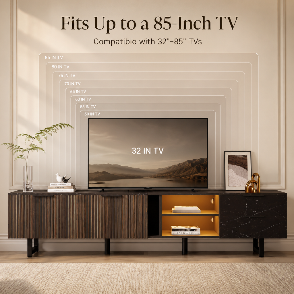 [variant:GA0010N] LED TV Stand with 2 Doors and 2 Drawers – Black Marble and Wood Grain image 11