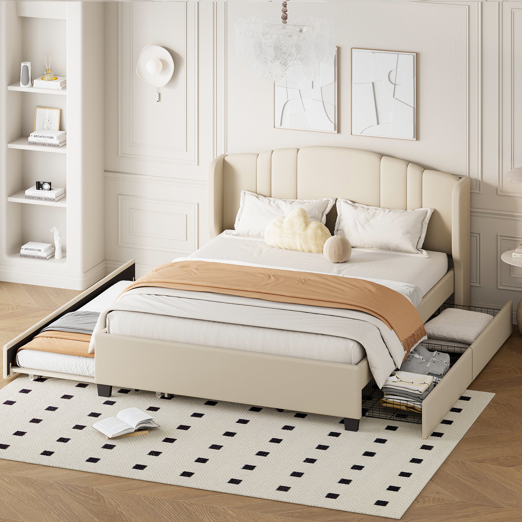 [variant:N854S427452A] Queen Upholstered Wingback Bed with Twin Trundle & 2 Drawers – Beige image 1