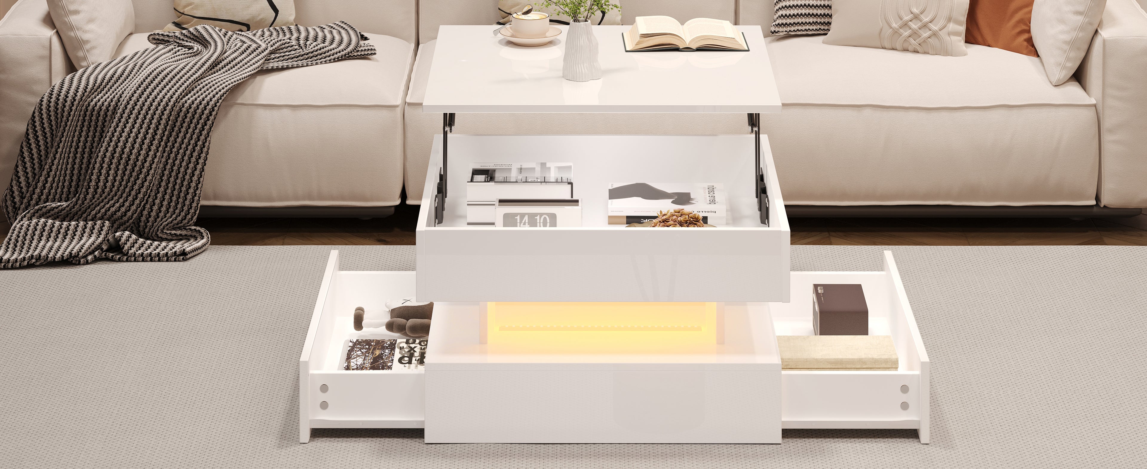 [variant:N892P407973W] White Lift-Top LED Coffee Table with 2 Drawers image 7