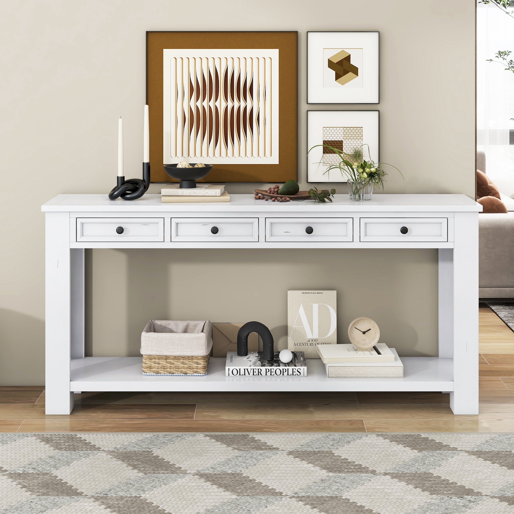 [variant:N852P245606K] Console Table with Drawers & Bottom Shelf – Antique White image 7