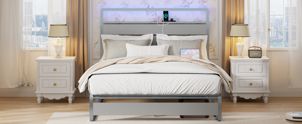 [variant:W5658P487004] Queen Metal Platform Bed with LED Lights & Charging Station – Silver image 2