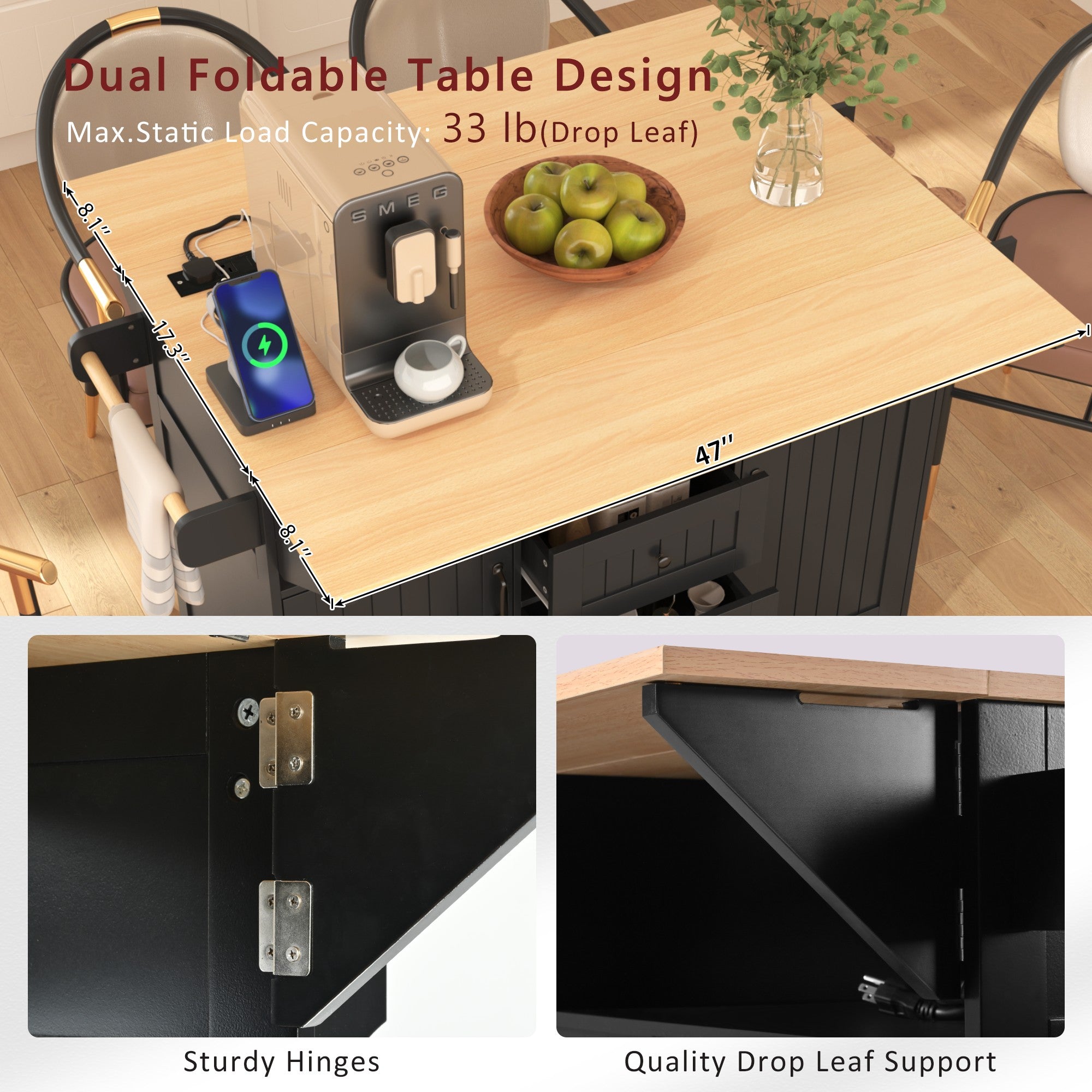 [variant:N853S000006B] Dual-Drop-Leaf Rolling Kitchen Island – Black, 55.75-Inch image 21