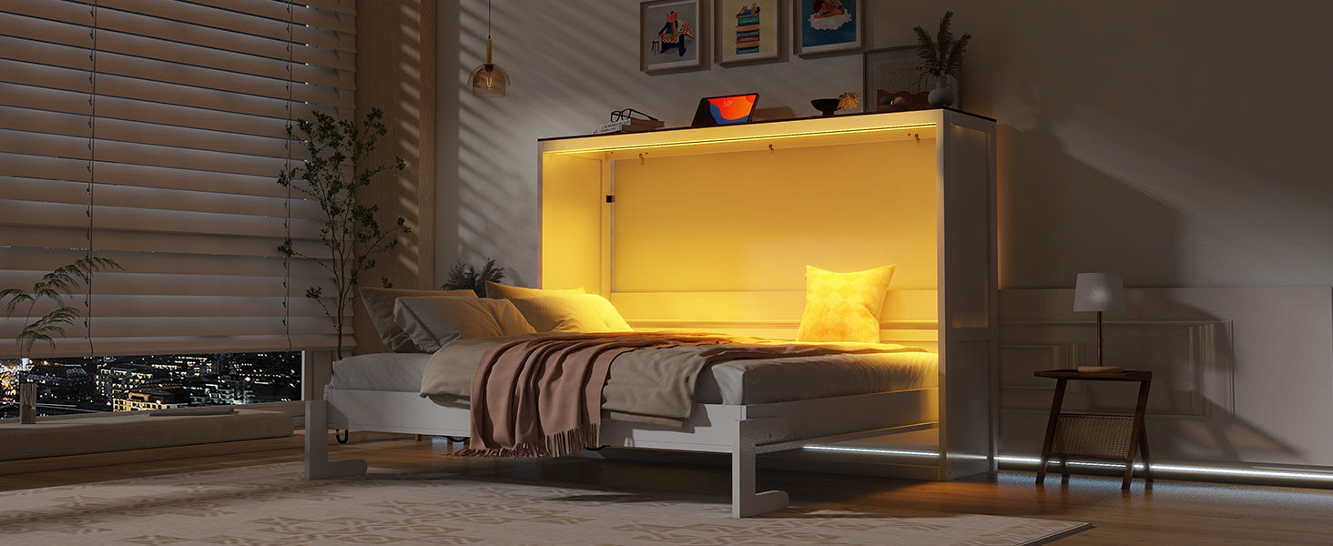[variant:N8470004035K-1] Queen LED Murphy Bed Cabinet – White and Brown image 10