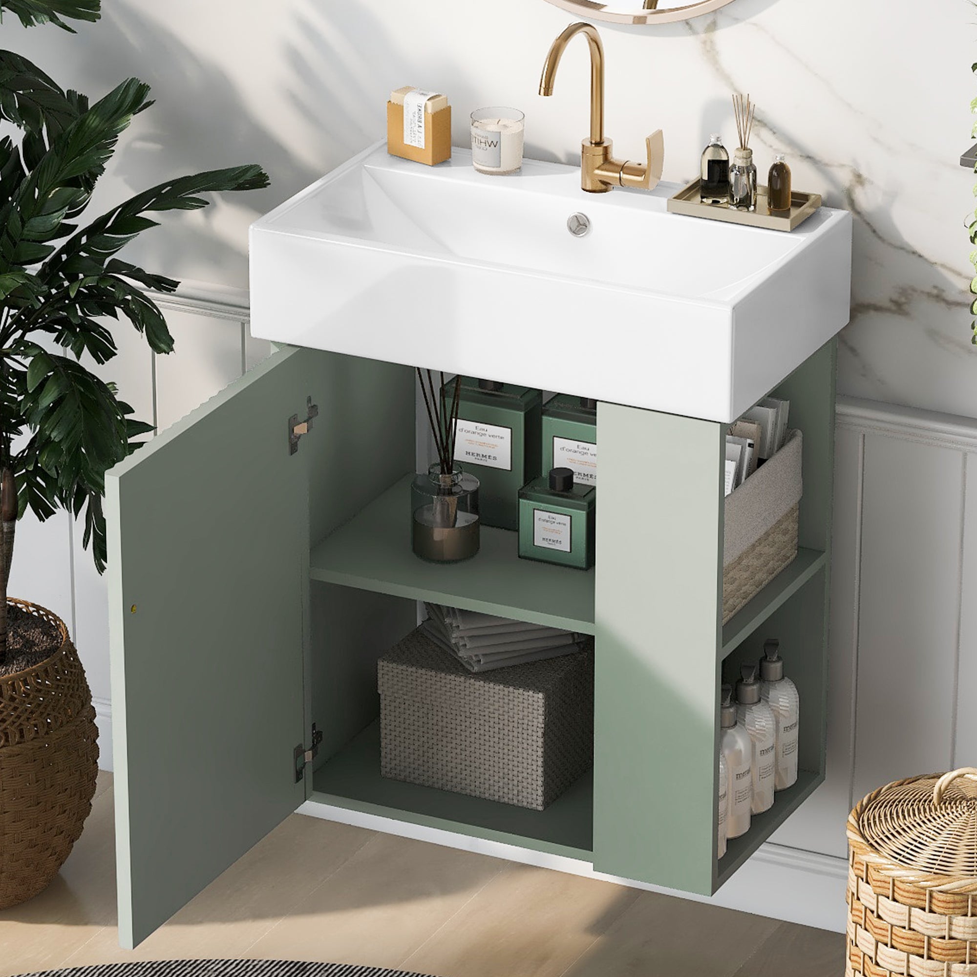 [variant:N729P170388F] Floating Bathroom Vanity with Ceramic Basin – 21.6-Inch, Green image 3