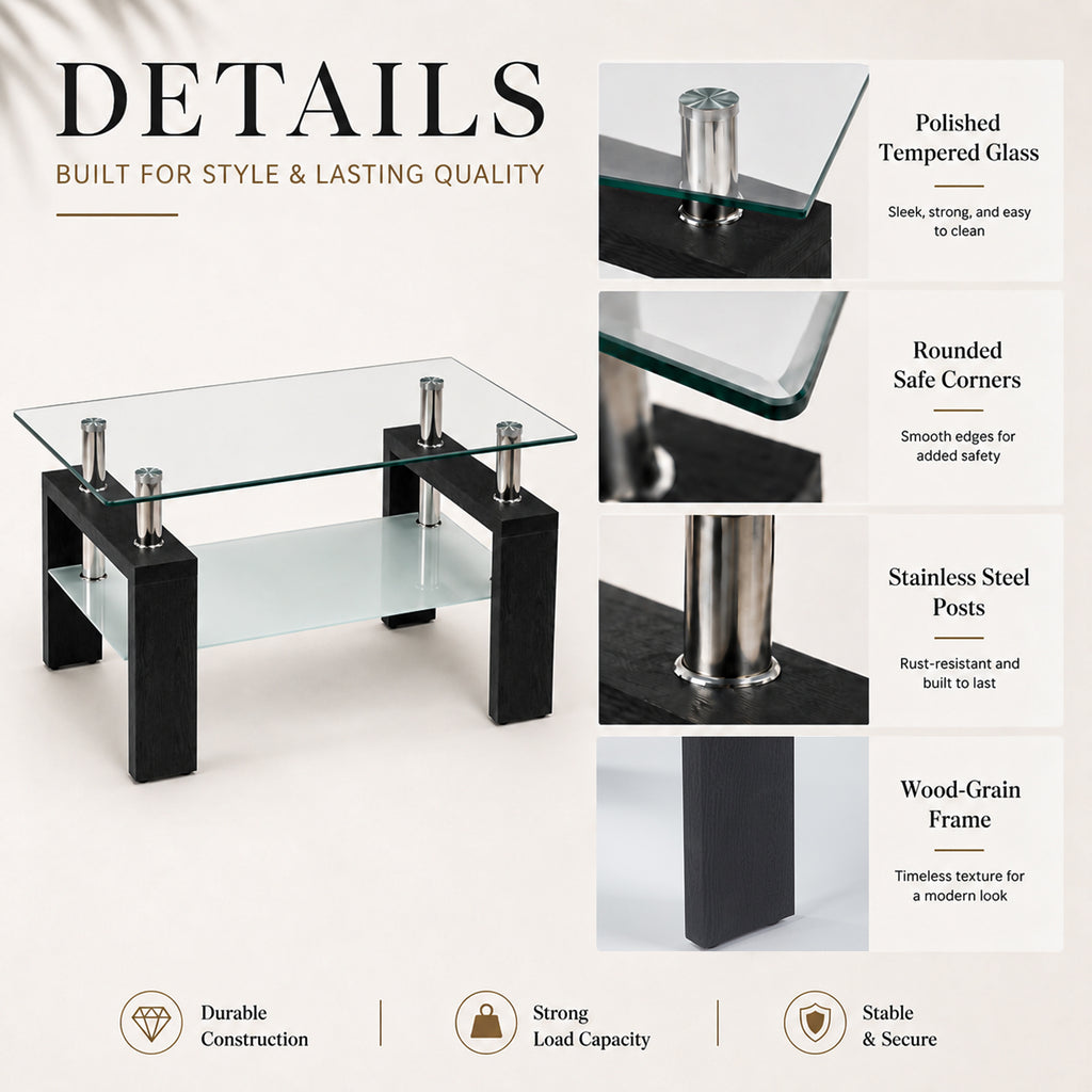 Modern Tempered Glass Coffee Table – Natural or Black — [variant:W3738P499161] Black image 4