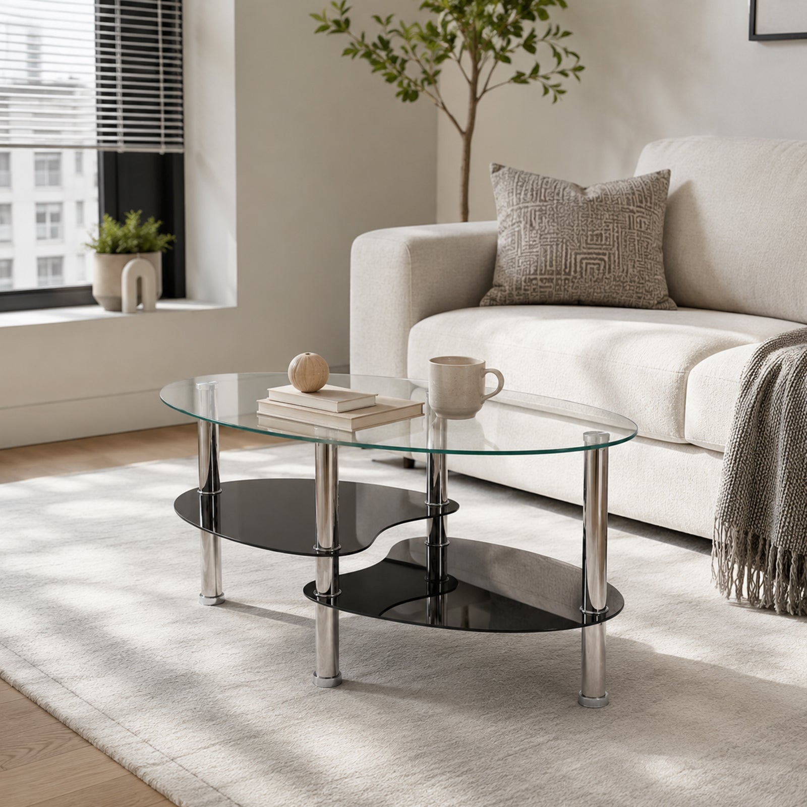 2-Tier Oval Tempered Glass Coffee Table — [variant:W3738P499151] Black,Transparent image 2