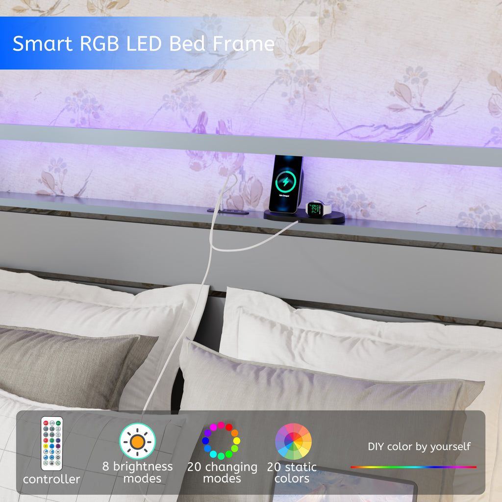 [variant:W5658P487004] Queen Metal Platform Bed with LED Lights & Charging Station – Silver image 11