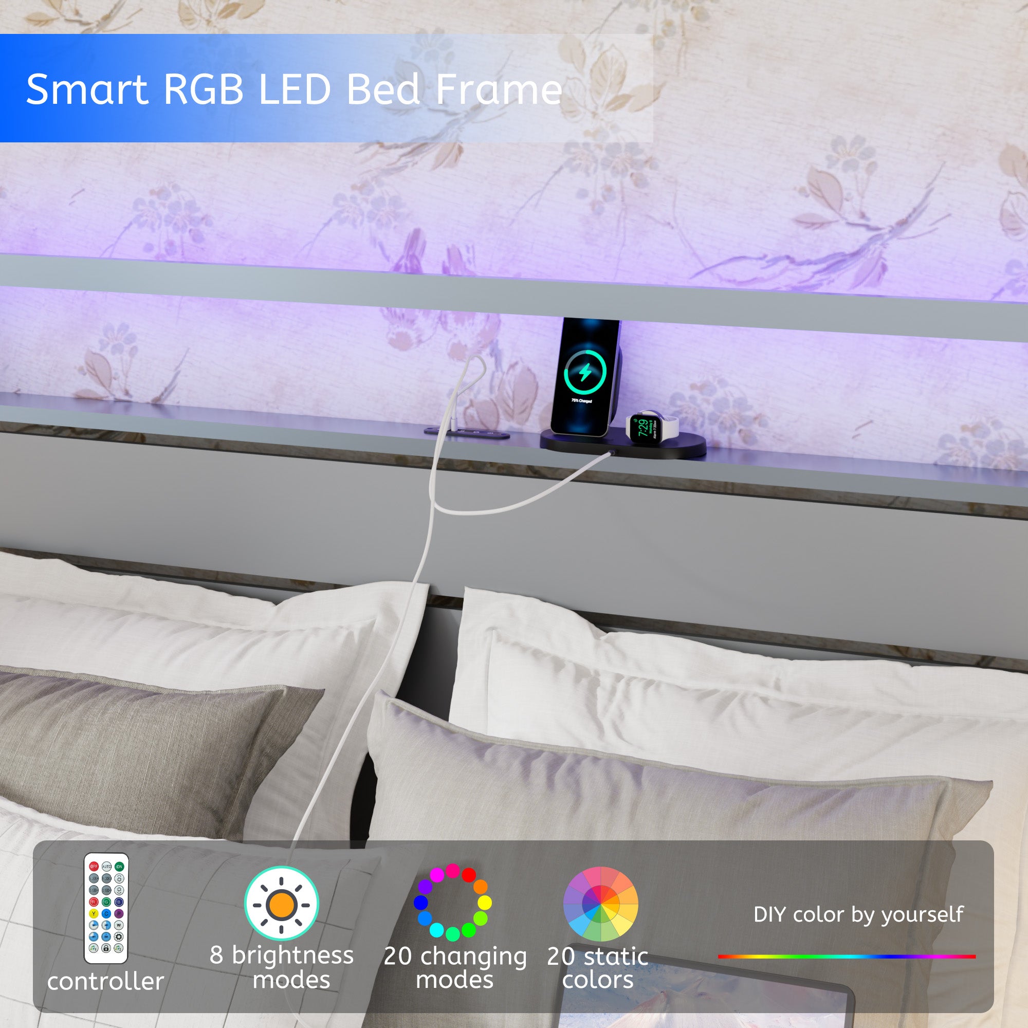 [variant:W5658P487004] Queen Metal Platform Bed with LED Lights & Charging Station – Silver image 11