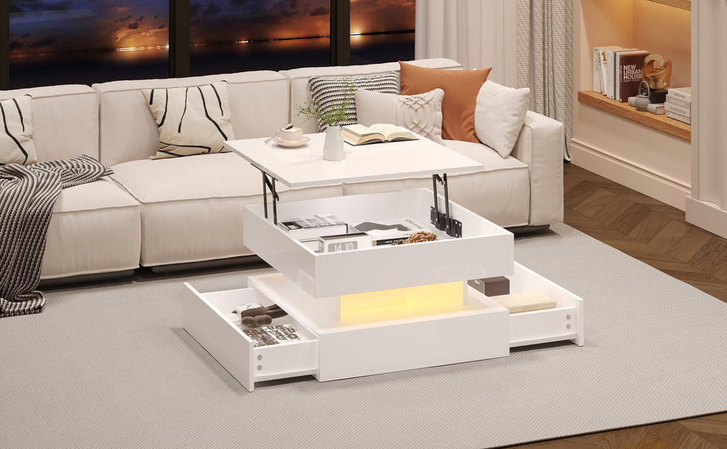 [variant:N892P407973W] White Lift-Top LED Coffee Table with 2 Drawers image 3