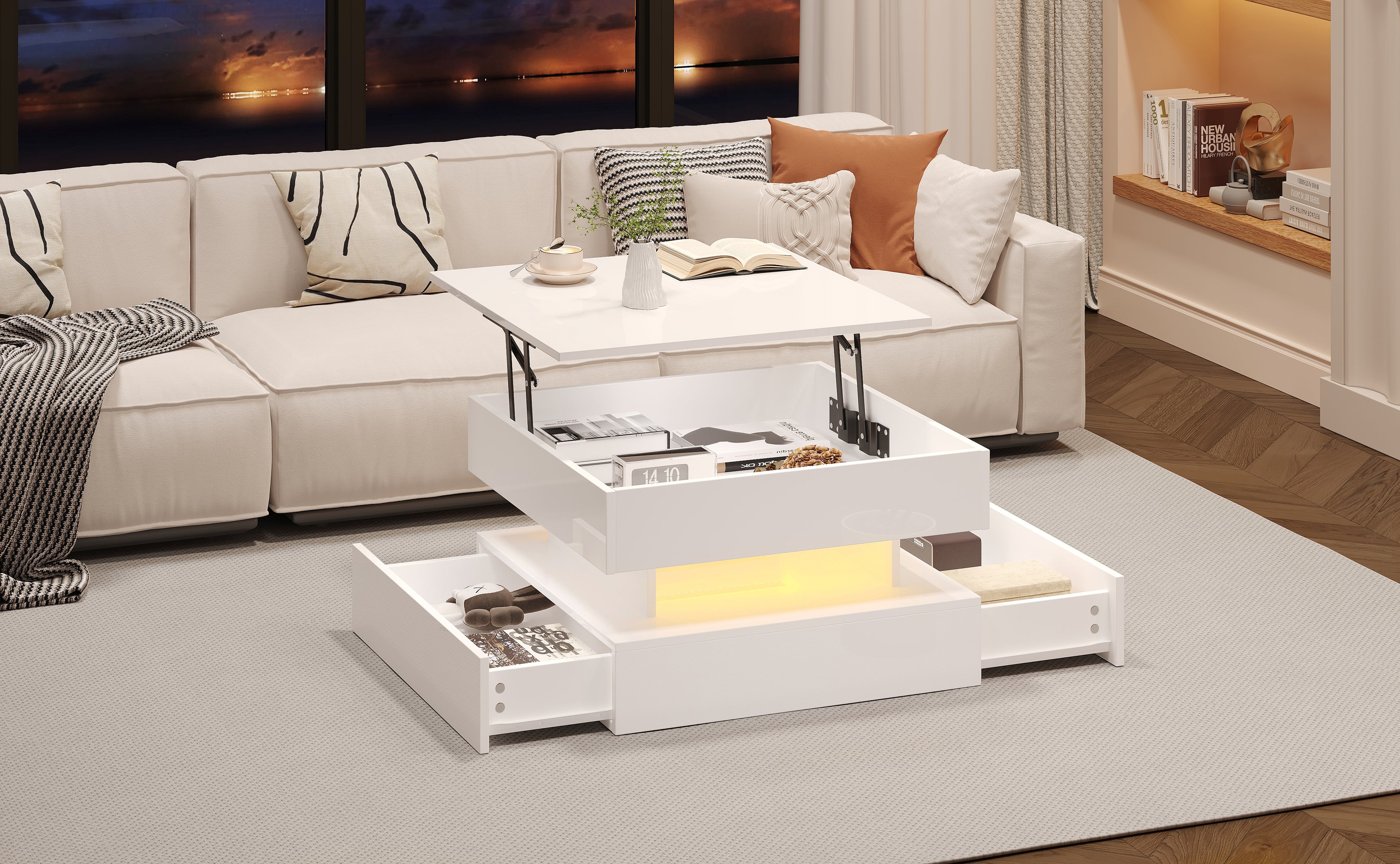 [variant:N892P407973W] White Lift-Top LED Coffee Table with 2 Drawers image 3