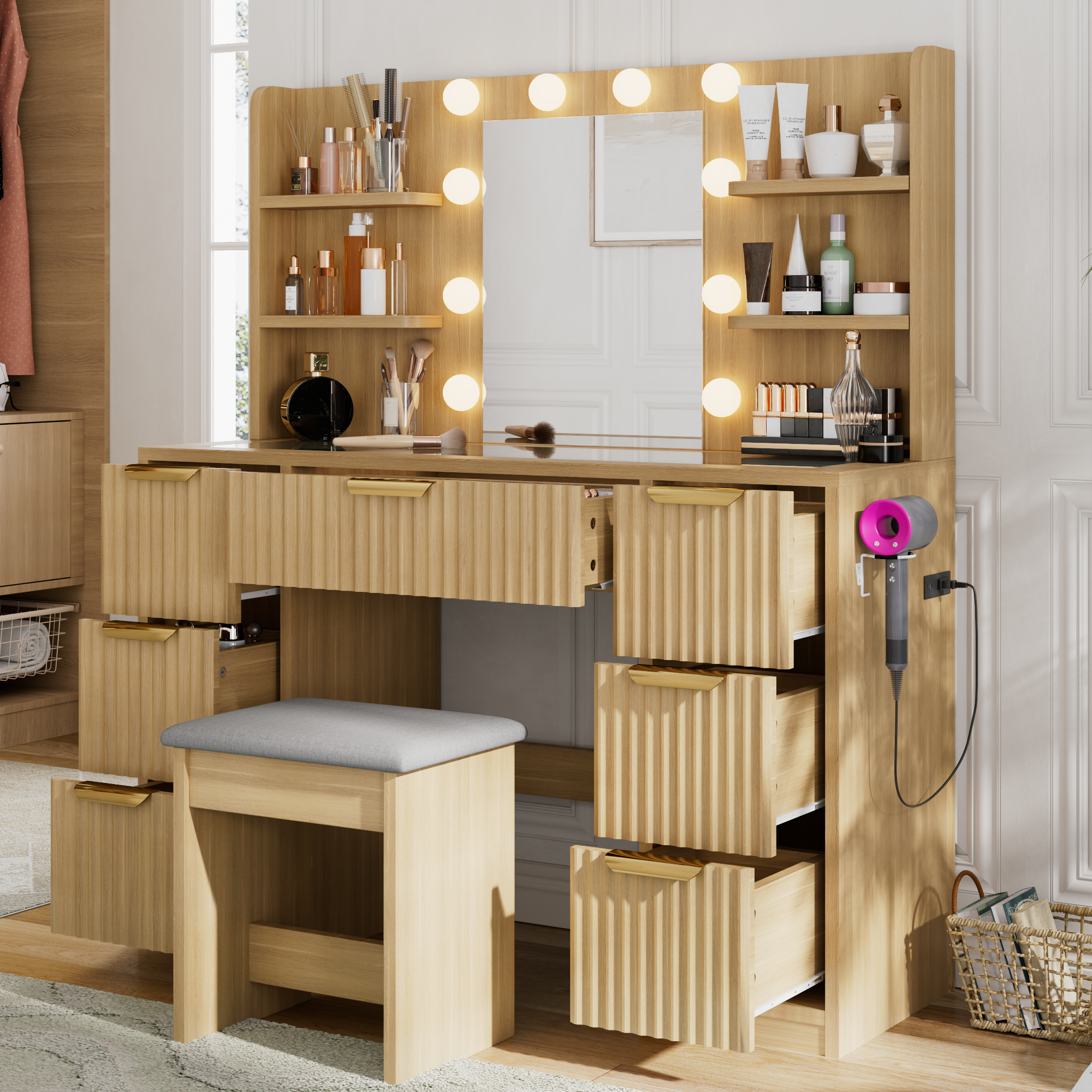 [variant:N881S436333N] Fluted 7-Drawer Vanity Desk with LED Mirror and Stool image 10