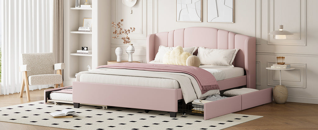 Queen Upholstered Wingback Bed with Twin Trundle & 2 Drawers — [variant:N854S427452H] Pink image 11