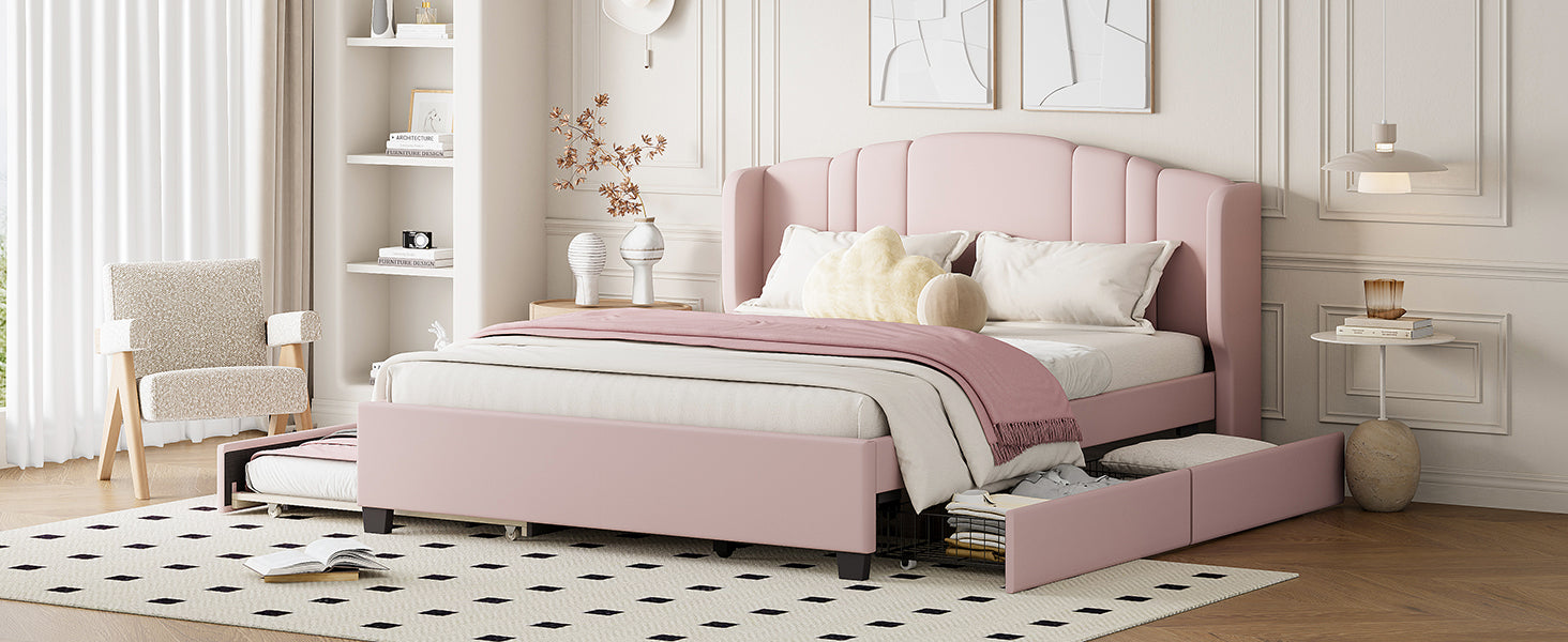 Queen Upholstered Wingback Bed with Twin Trundle & 2 Drawers — [variant:N854S427452H] Pink image 11
