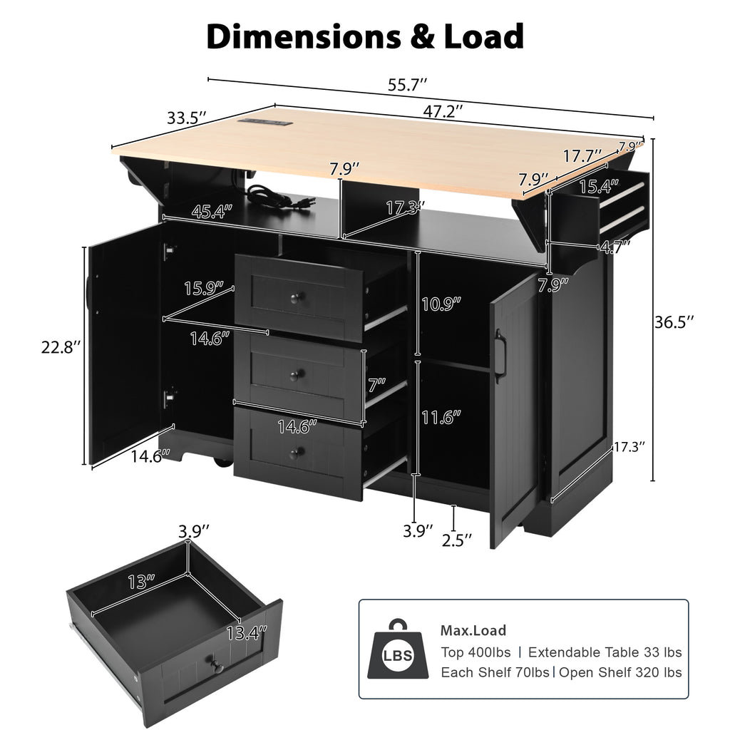 [variant:N853S000006B] Dual-Drop-Leaf Rolling Kitchen Island – Black, 55.75-Inch image 26