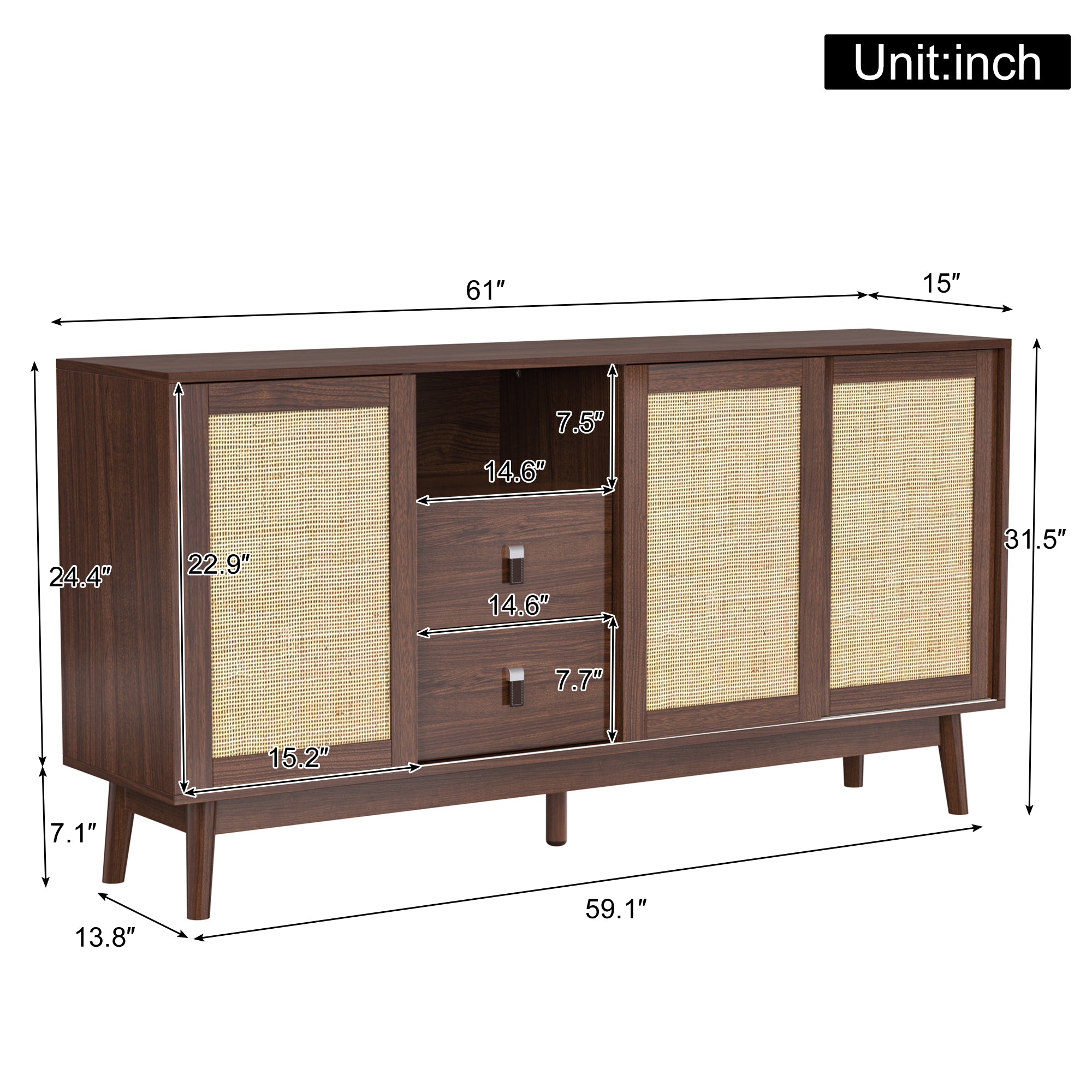 Rattan 3-Door Sideboard with 2 Drawers — [variant:GA0004N] Wood image 5