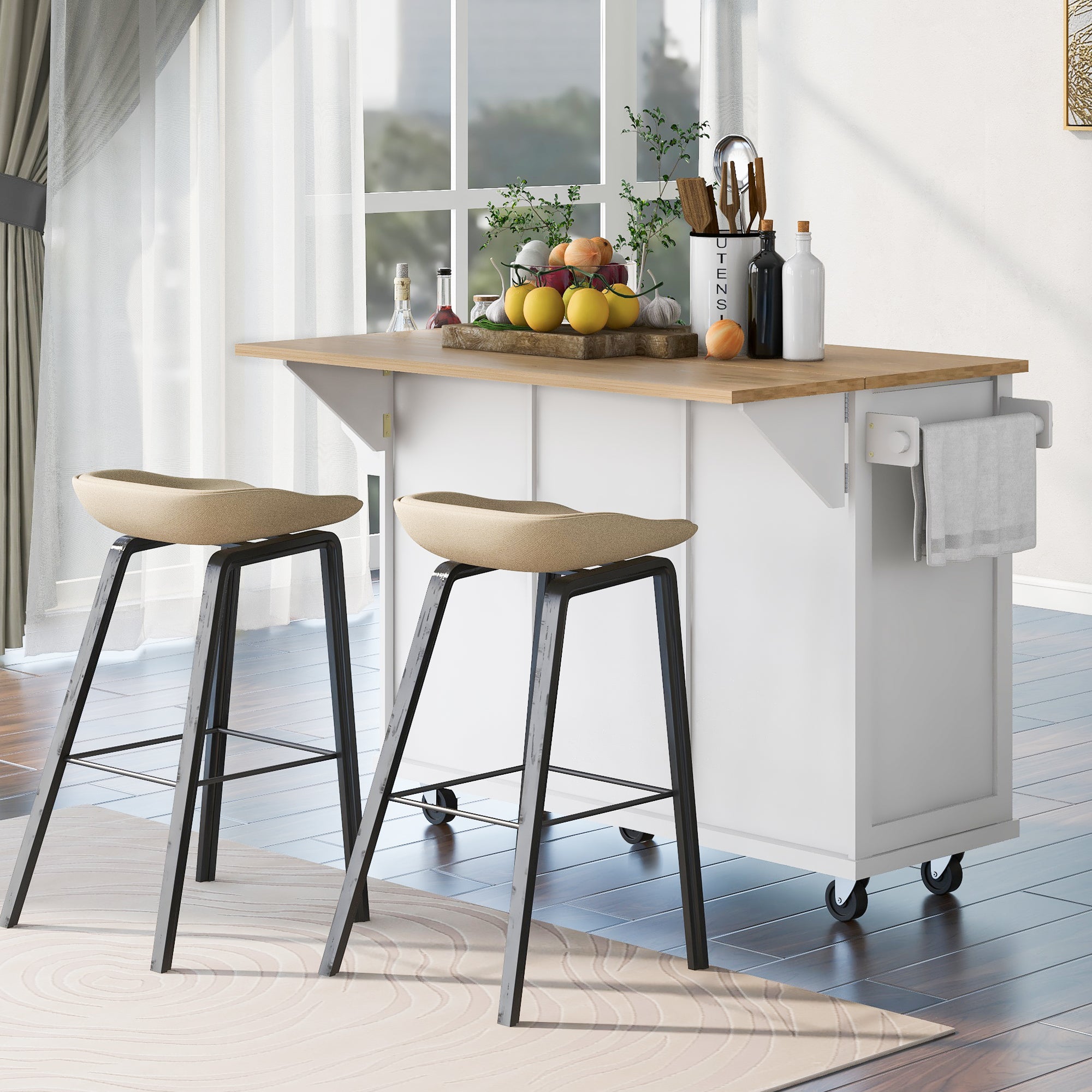 [variant:N853P383632W] Drop-Leaf Rolling Kitchen Cart – White, 53.1-Inch image 3