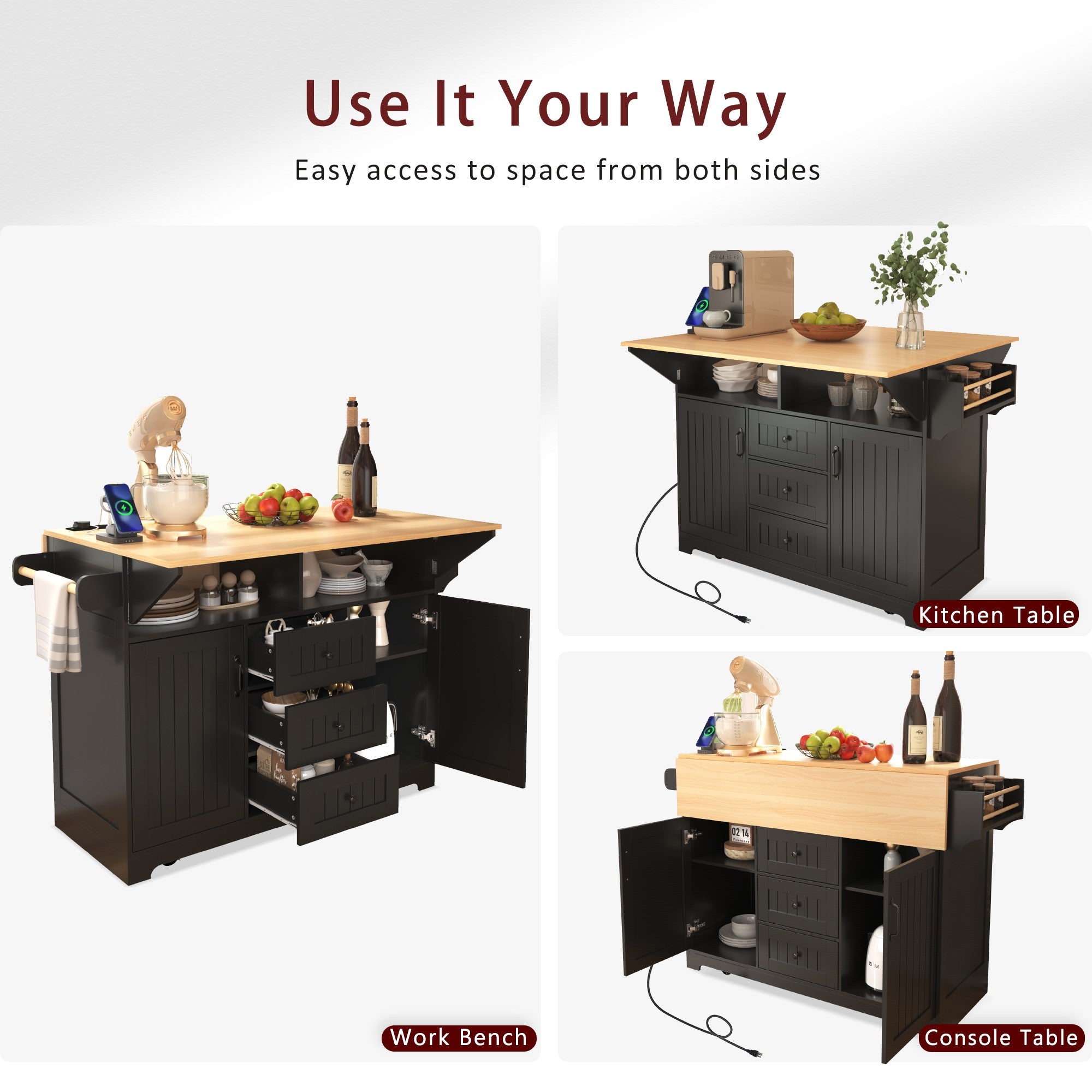 [variant:N853S000006B] Dual-Drop-Leaf Rolling Kitchen Island – Black, 55.75-Inch image 23