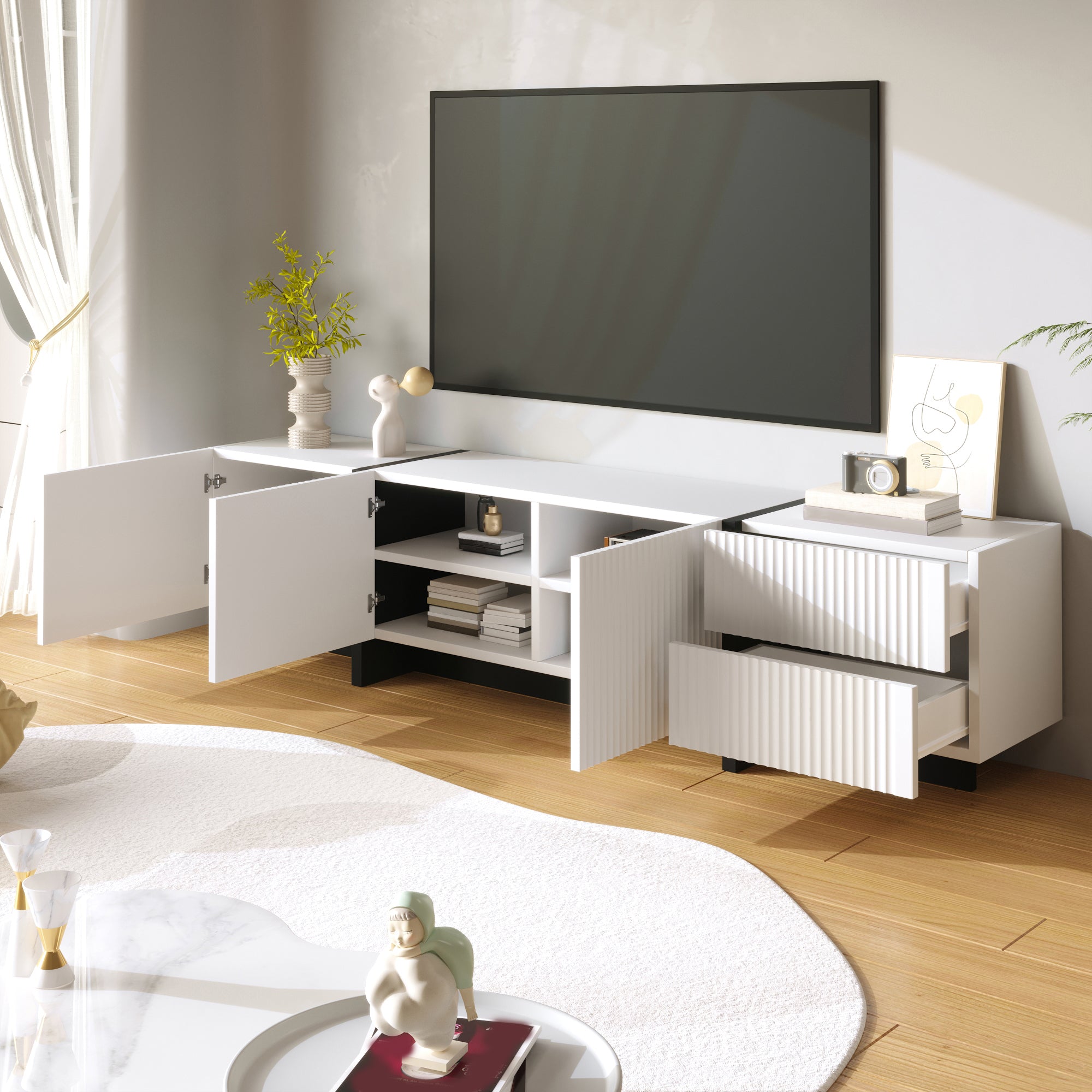 [variant:GA0014S] Modern TV Stand with 3 Doors and 2 Drawers – Black and White image 2