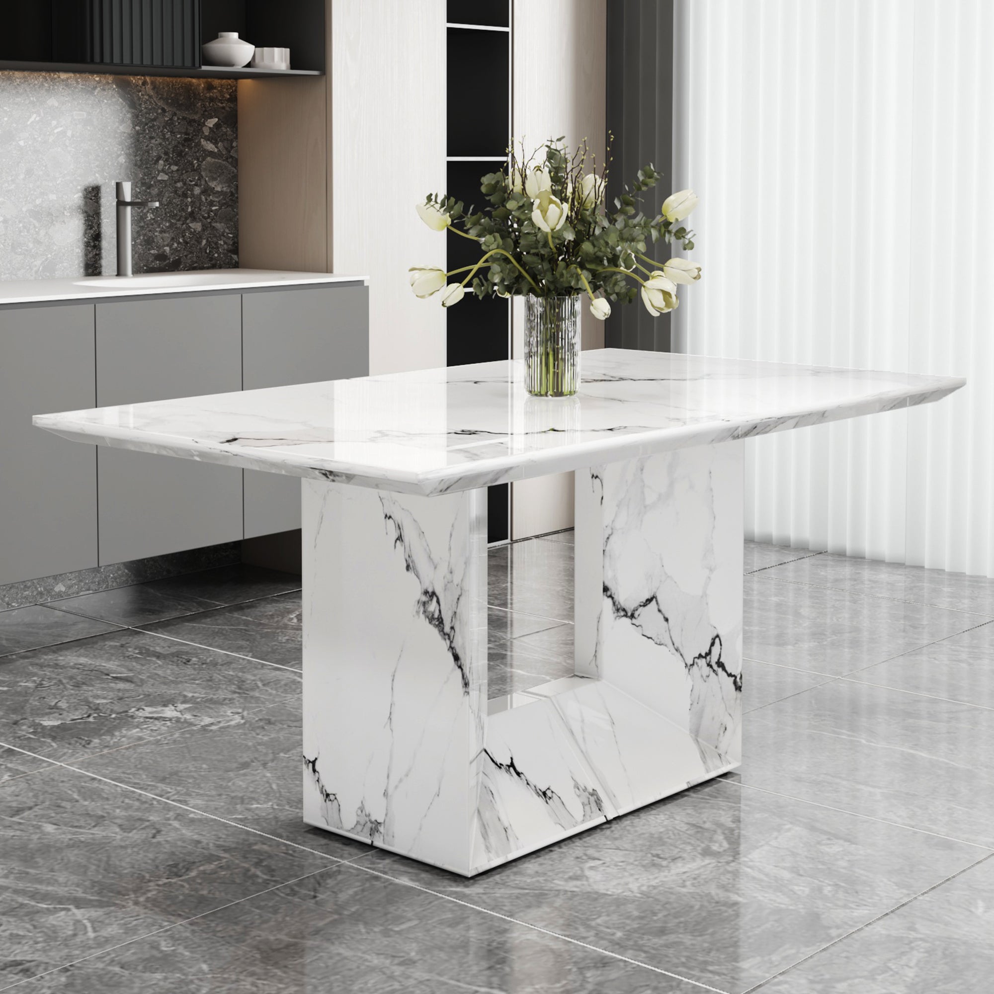 [variant:W3806S00015] White Marble-Look Dining Table image 1