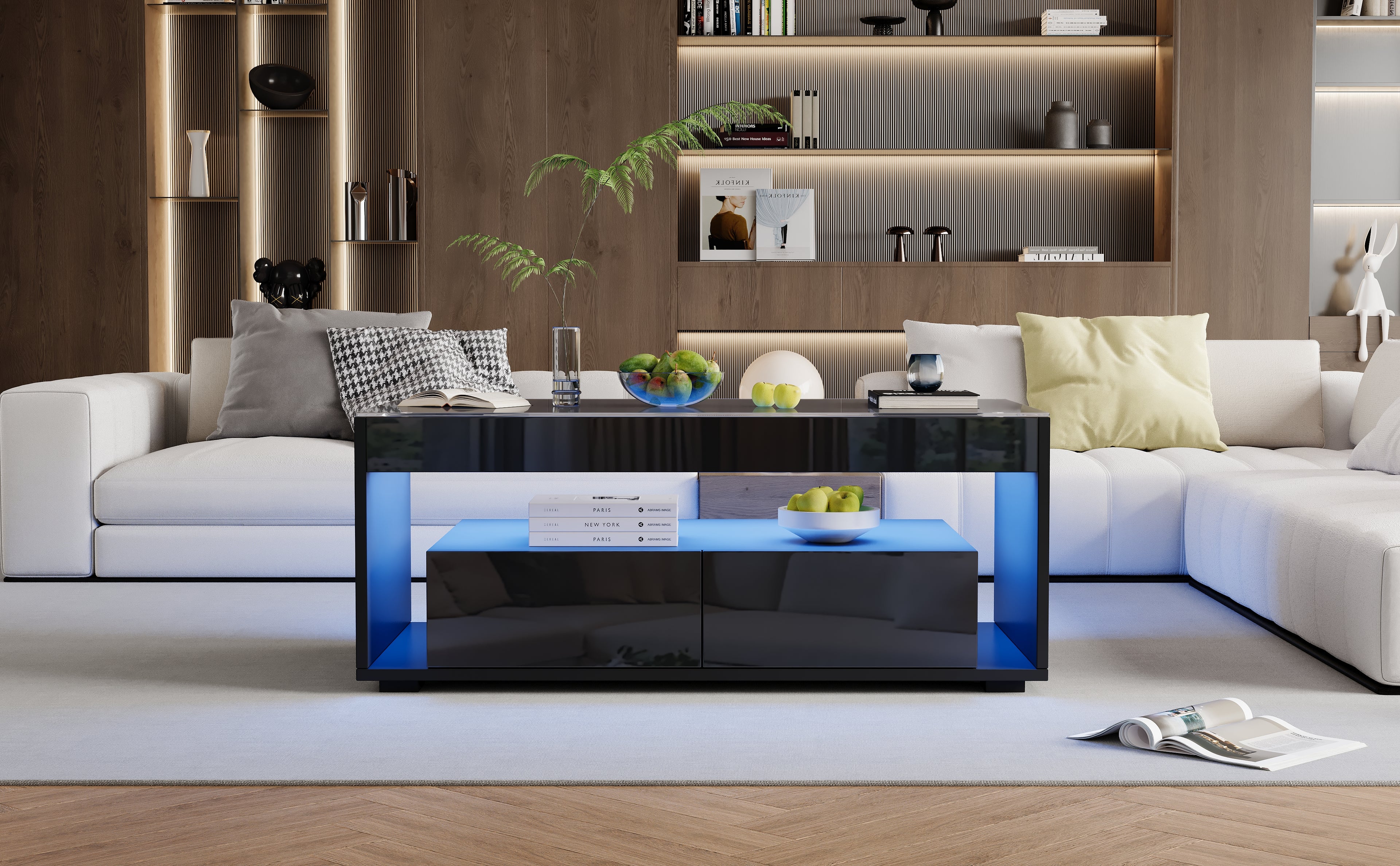 [variant:N892P428787B] High-Gloss LED Coffee Table with Glass Top and Drawers image 3