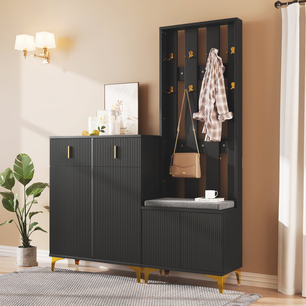 [variant:GA0009B] Entryway Hall Tree & Shoe Cabinet Set – Black image 1
